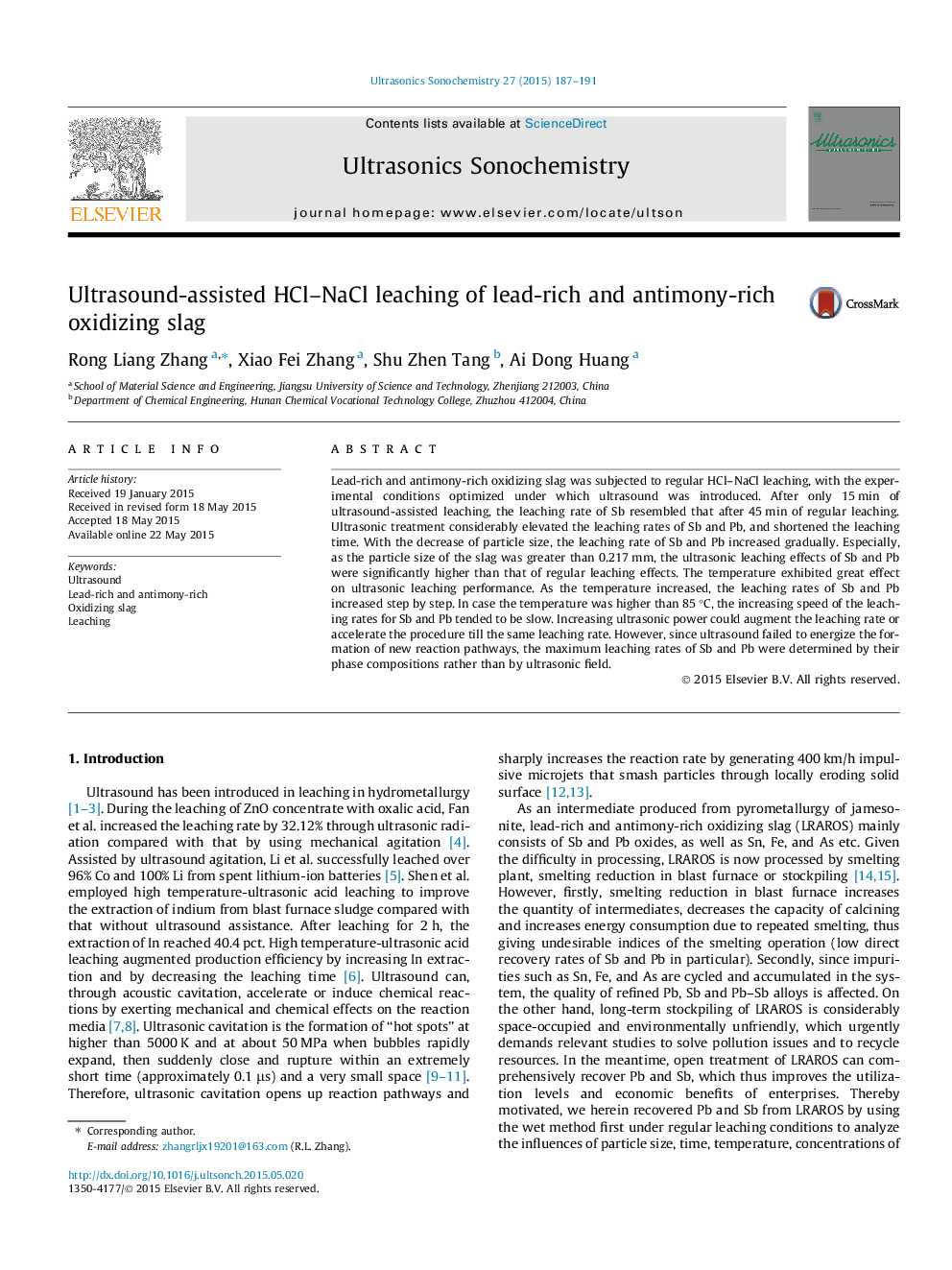 Ultrasound-assisted HCl-NaCl leaching of lead-rich and antimony-rich oxidizing slag