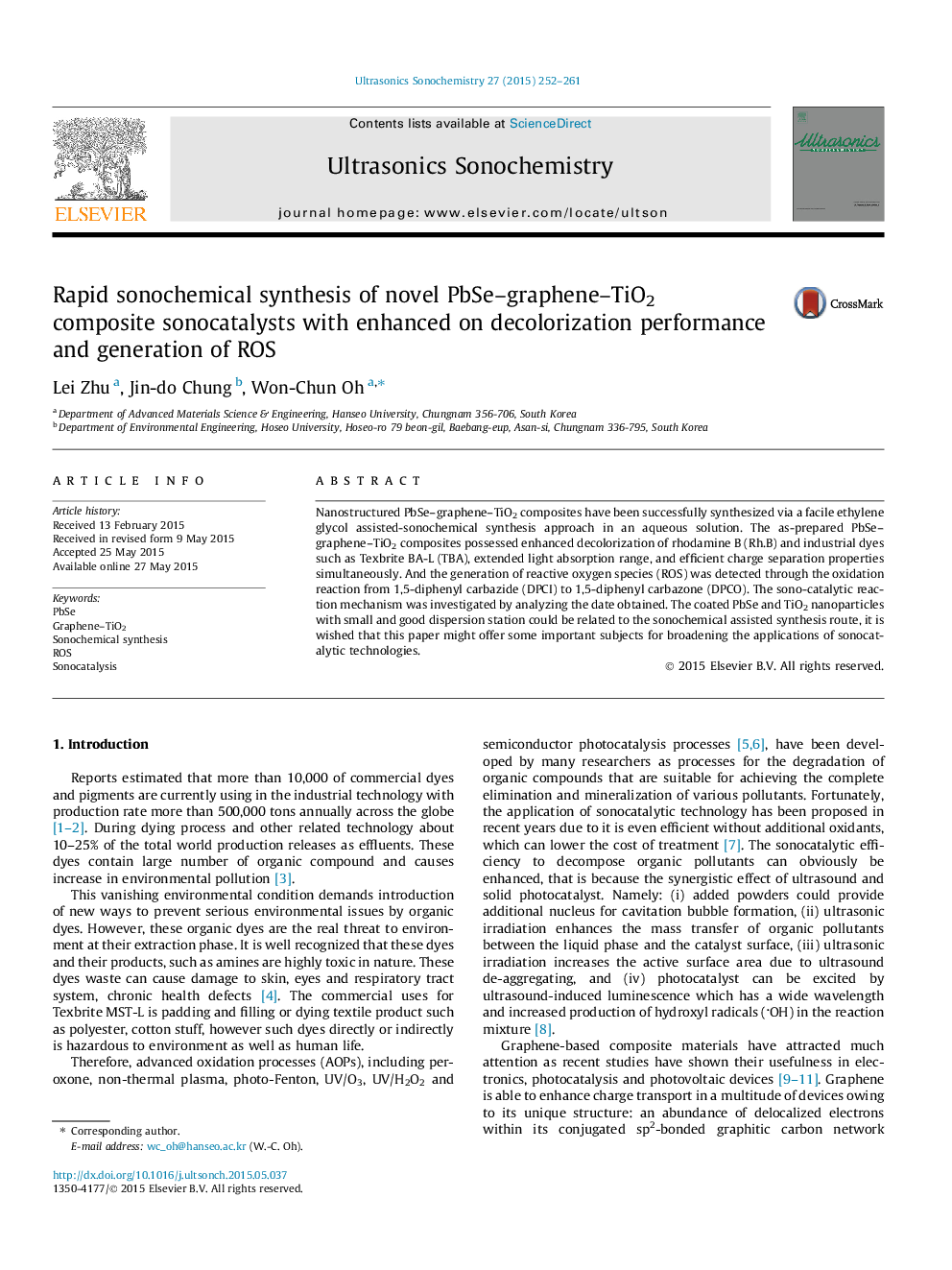 Rapid sonochemical synthesis of novel PbSe-graphene-TiO2 composite sonocatalysts with enhanced on decolorization performance and generation of ROS