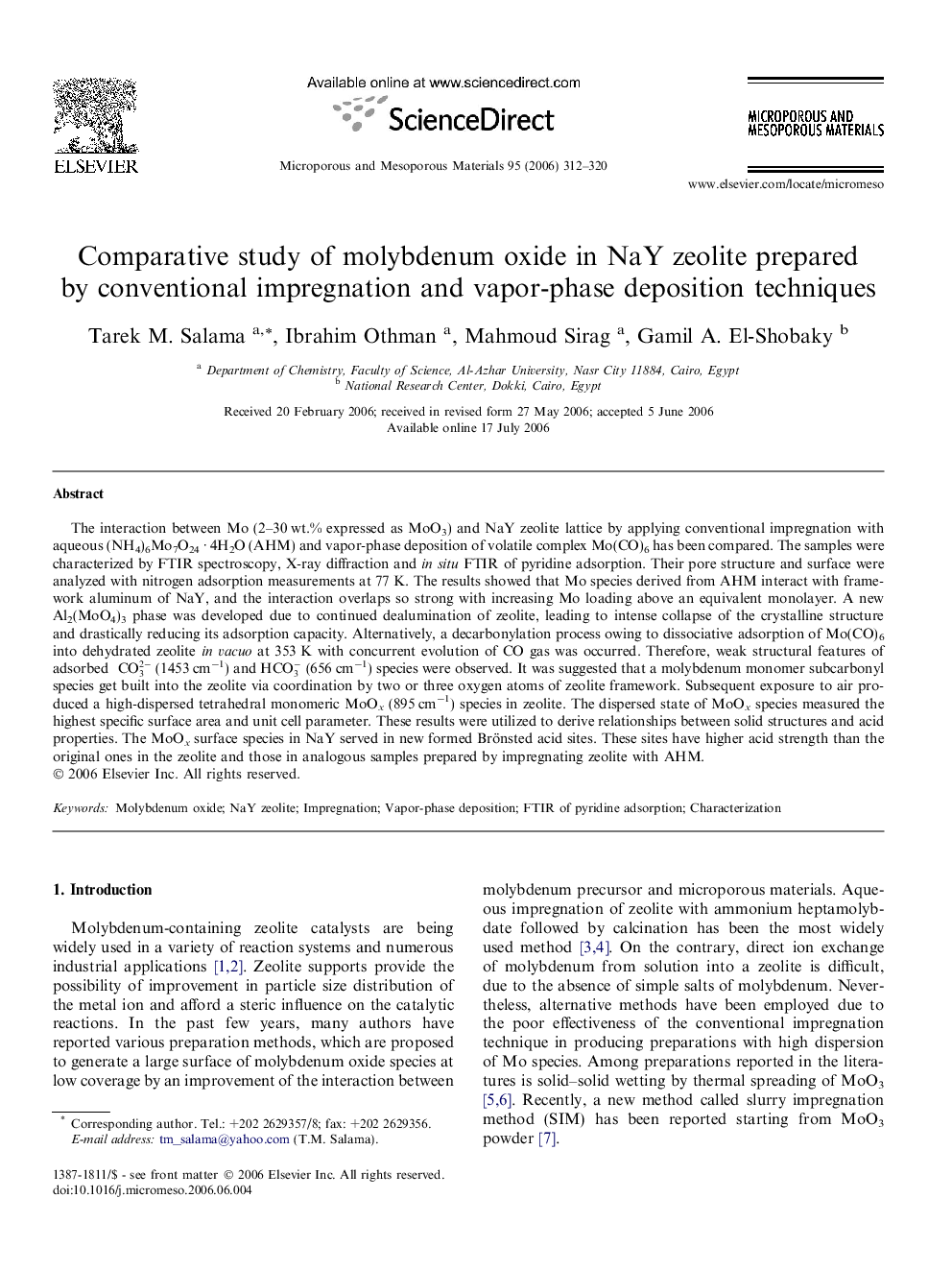 Comparative study of molybdenum oxide in NaY zeolite prepared by conventional impregnation and vapor-phase deposition techniques