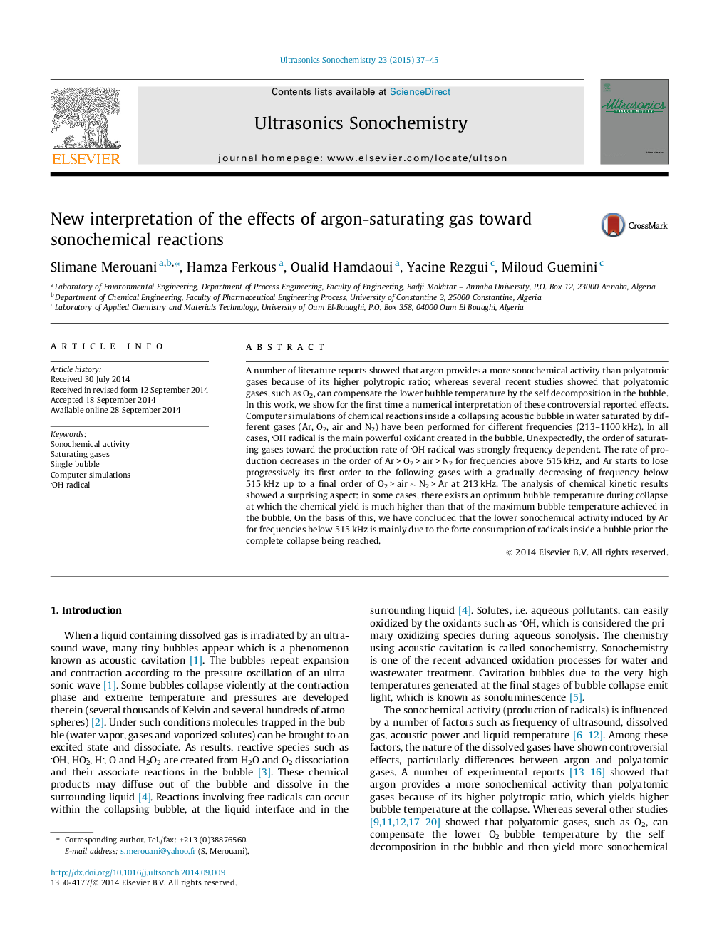 New interpretation of the effects of argon-saturating gas toward sonochemical reactions