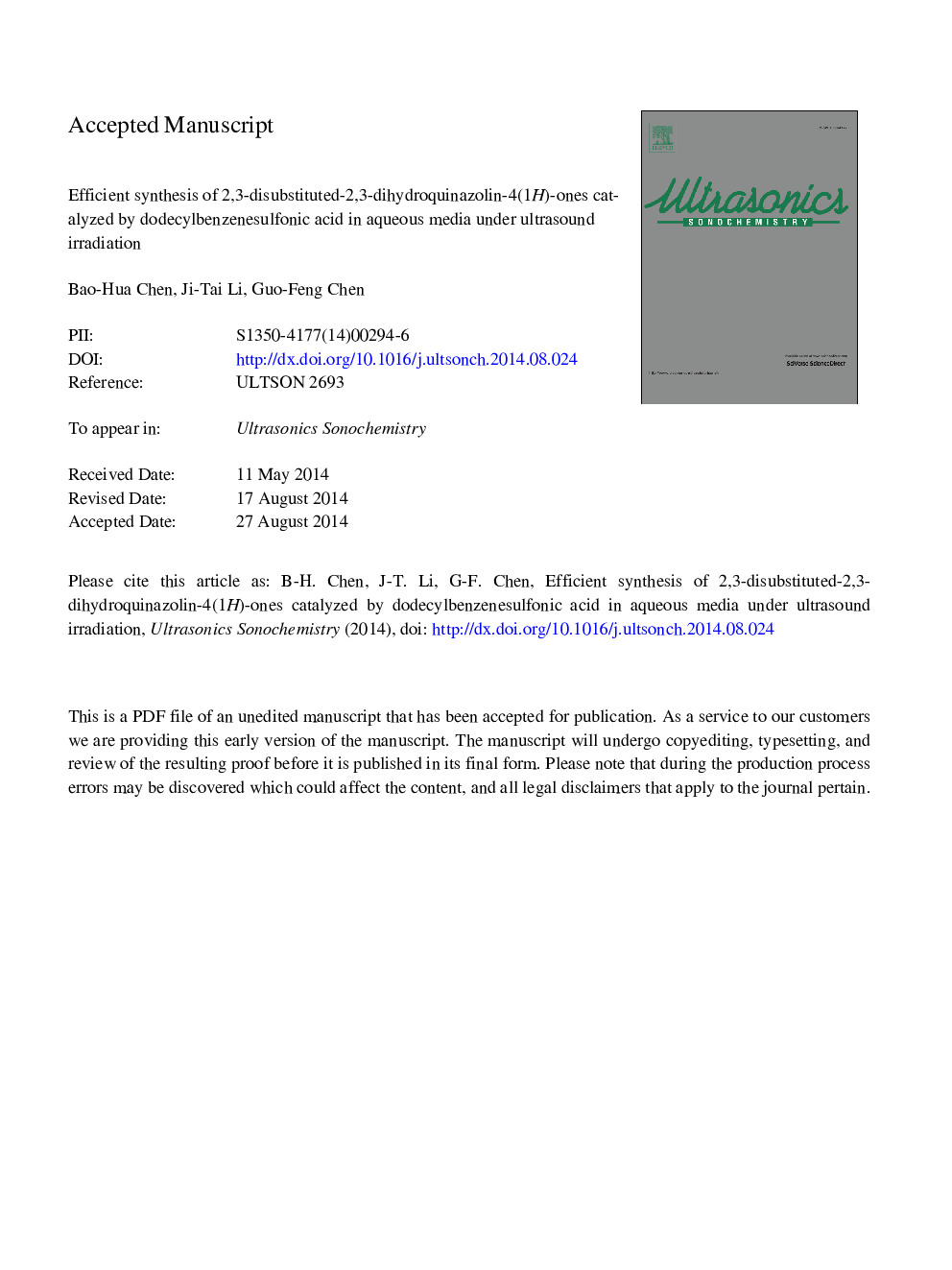 Efficient synthesis of 2,3-disubstituted-2,3-dihydroquinazolin-4(1H)-ones catalyzed by dodecylbenzenesulfonic acid in aqueous media under ultrasound irradiation