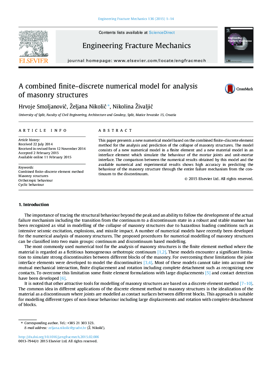 A combined finite–discrete numerical model for analysis of masonry structures