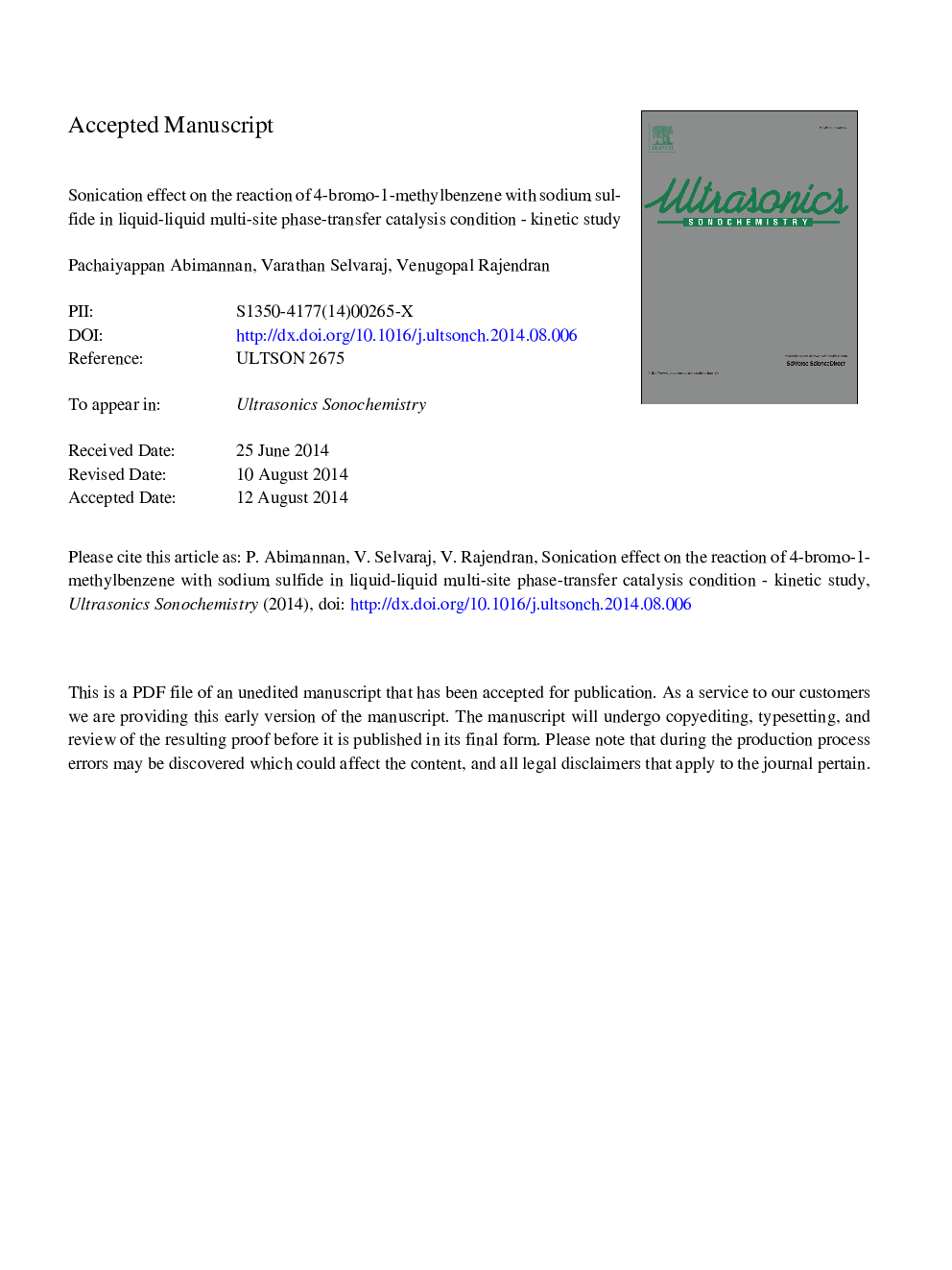 Sonication effect on the reaction of 4-bromo-1-methylbenzene with sodium sulfide in liquid-liquid multi-site phase-transfer catalysis condition - Kinetic study