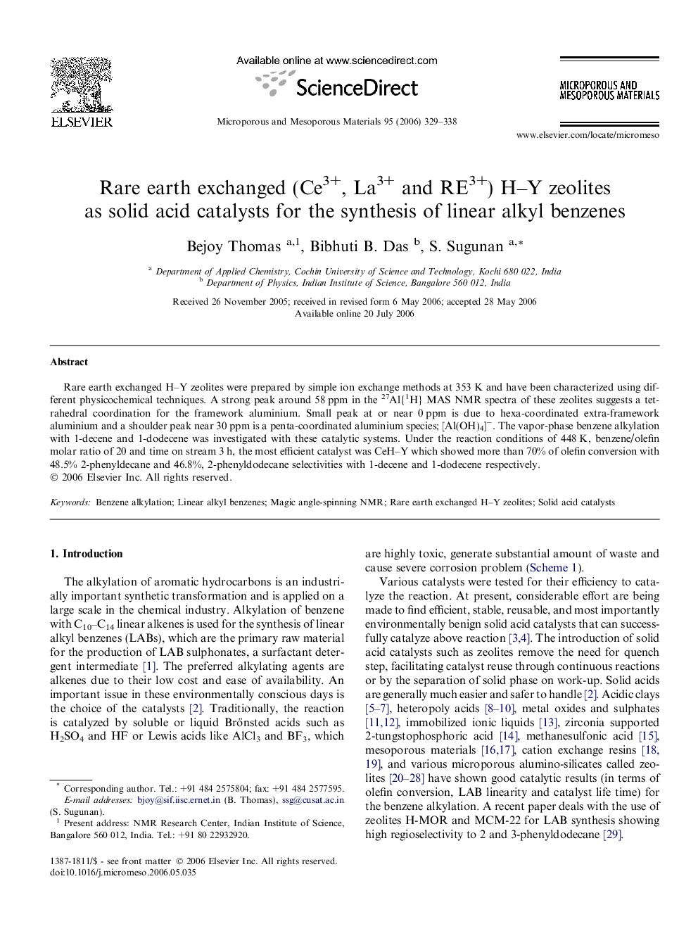 Rare earth exchanged (Ce3+, La3+ and RE3+) H–Y zeolites as solid acid catalysts for the synthesis of linear alkyl benzenes