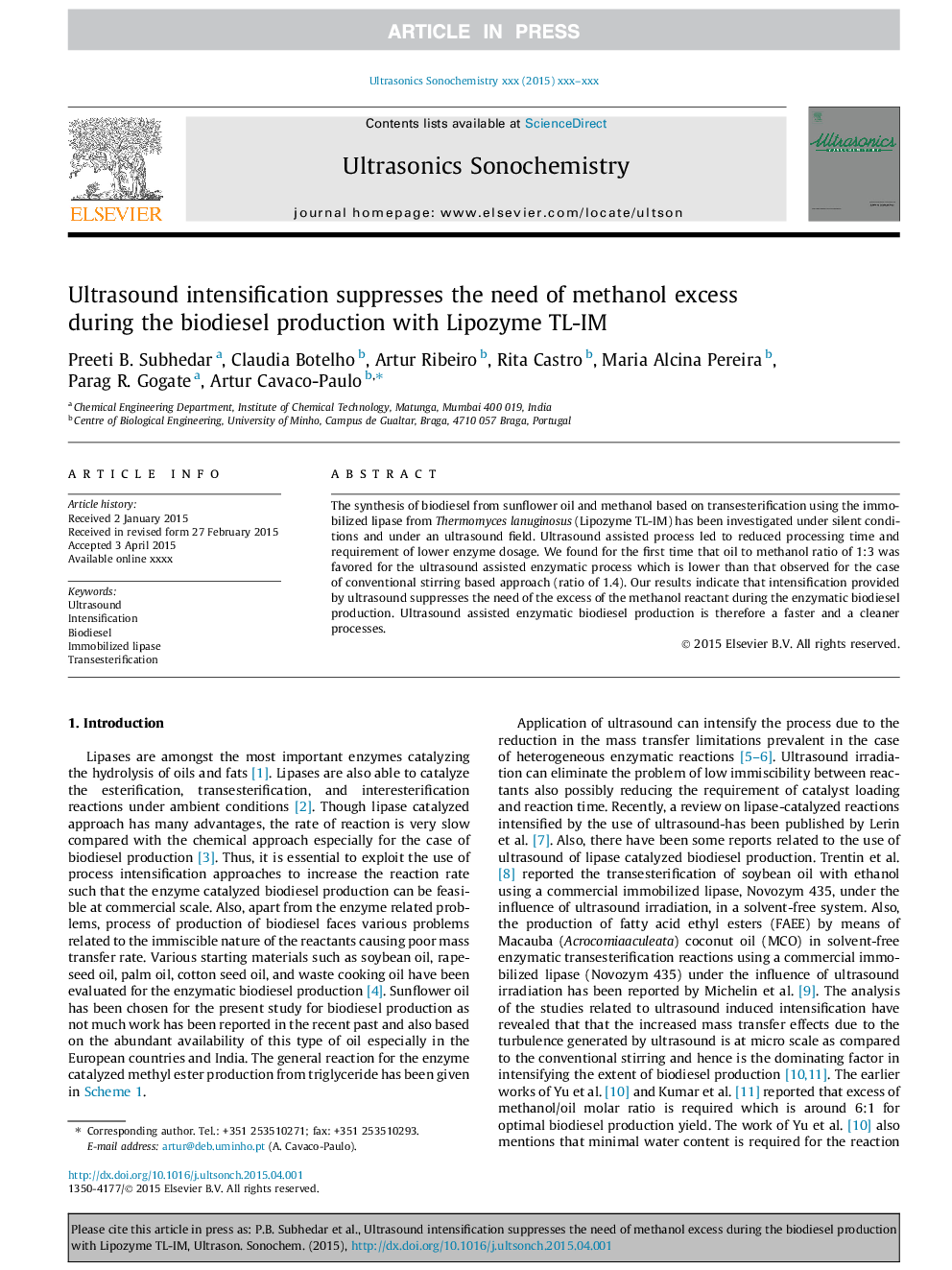 Ultrasound intensification suppresses the need of methanol excess during the biodiesel production with Lipozyme TL-IM