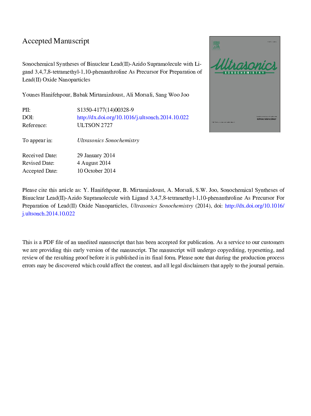 Sonochemical syntheses of binuclear lead(II)-azido supramolecule with ligand 3,4,7,8-tetramethyl-1,10-phenanthroline as precursor for preparation of lead(II) oxide nanoparticles