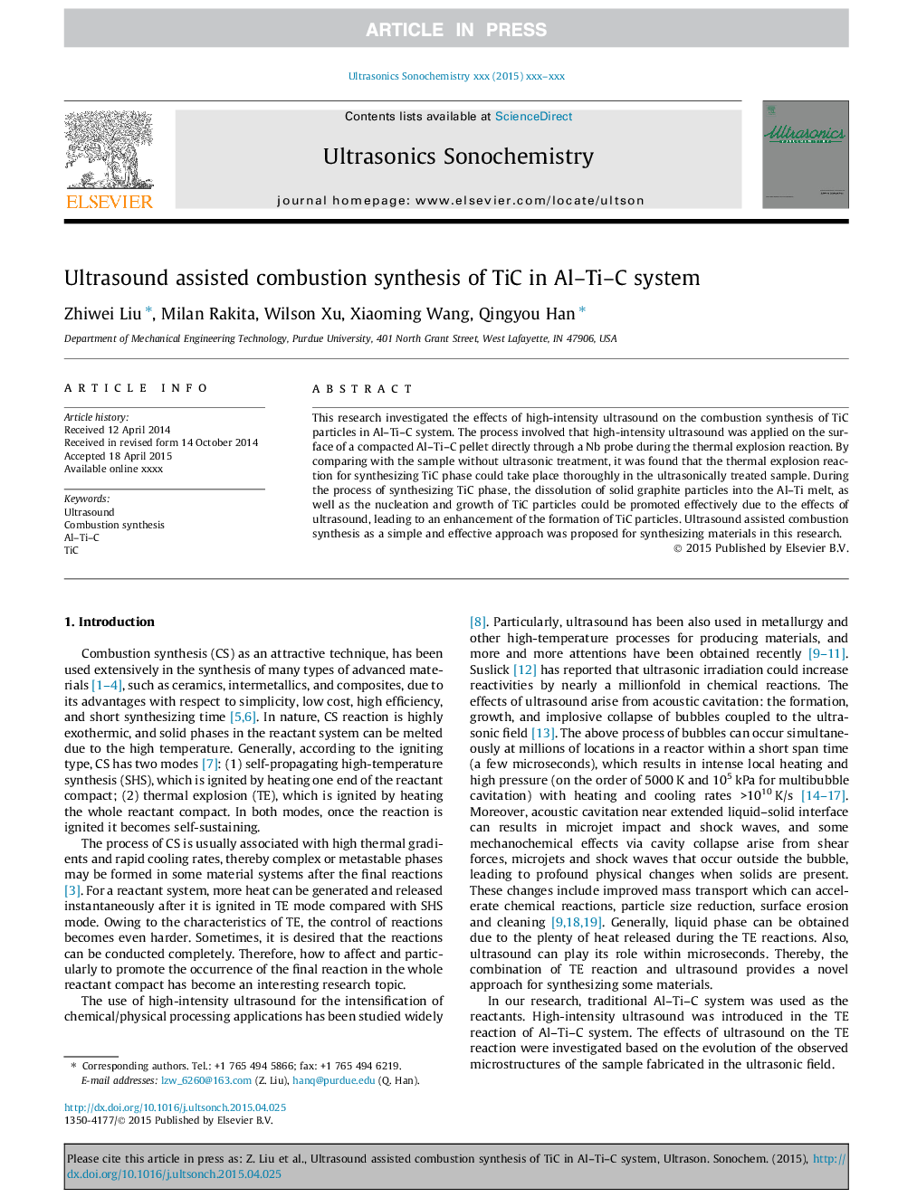 Ultrasound assisted combustion synthesis of TiC in Al-Ti-C system