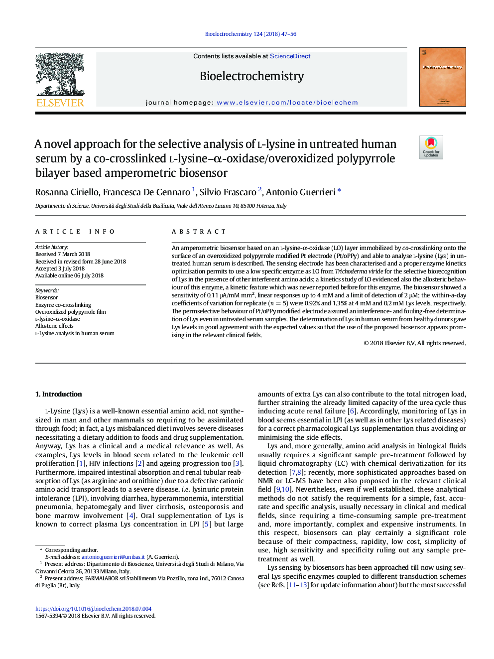 A novel approach for the selective analysis of l-lysine in untreated human serum by a co-crosslinked l-lysine-Î±-oxidase/overoxidized polypyrrole bilayer based amperometric biosensor