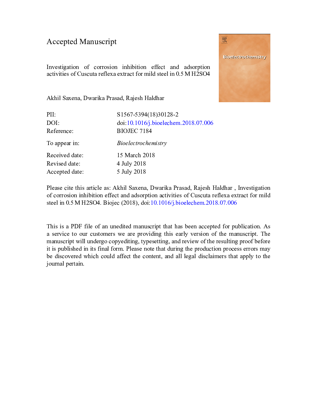 Investigation of corrosion inhibition effect and adsorption activities of Cuscuta reflexa extract for mild steel in 0.5â¯M H2SO4