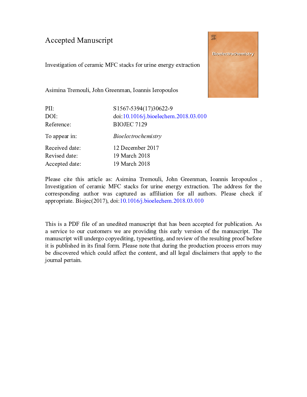 Investigation of ceramic MFC stacks for urine energy extraction