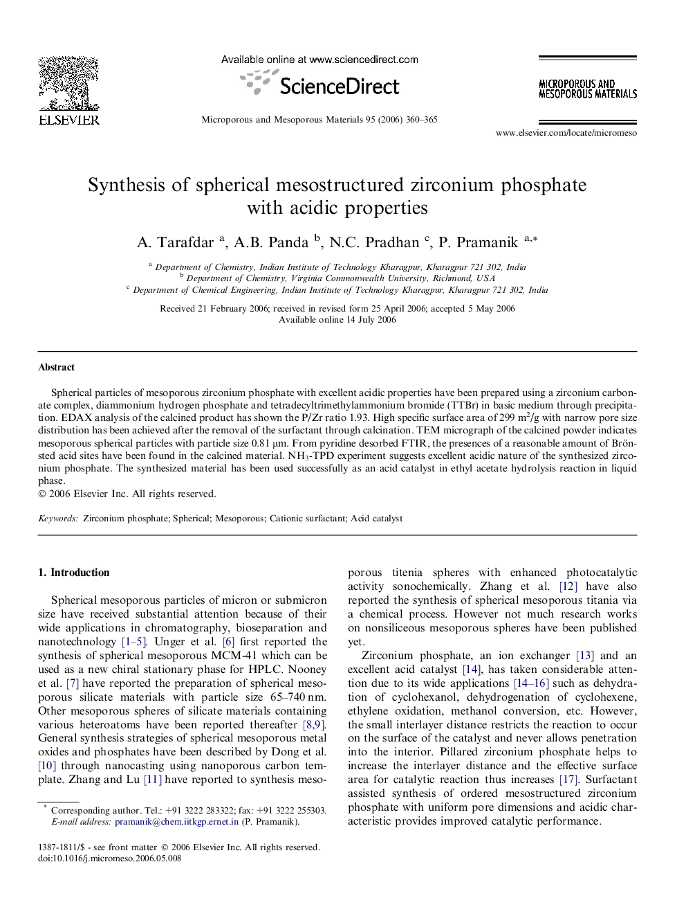 Synthesis of spherical mesostructured zirconium phosphate with acidic properties