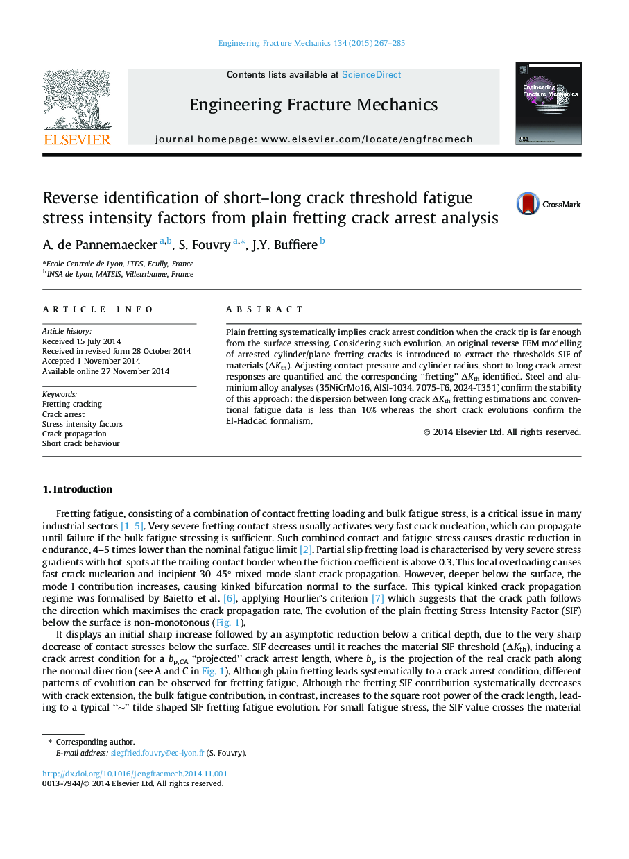 Reverse identification of short–long crack threshold fatigue stress intensity factors from plain fretting crack arrest analysis