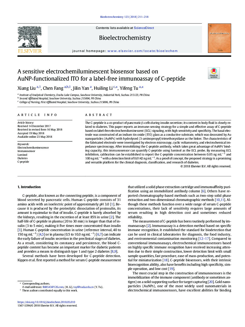 A sensitive electrochemiluminescent biosensor based on AuNP-functionalized ITO for a label-free immunoassay of C-peptide