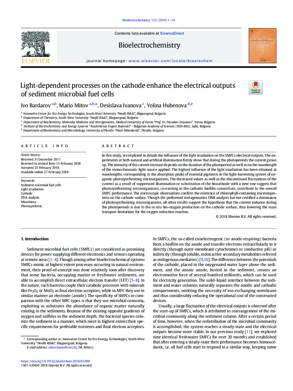 Light-dependent processes on the cathode enhance the electrical outputs of sediment microbial fuel cells