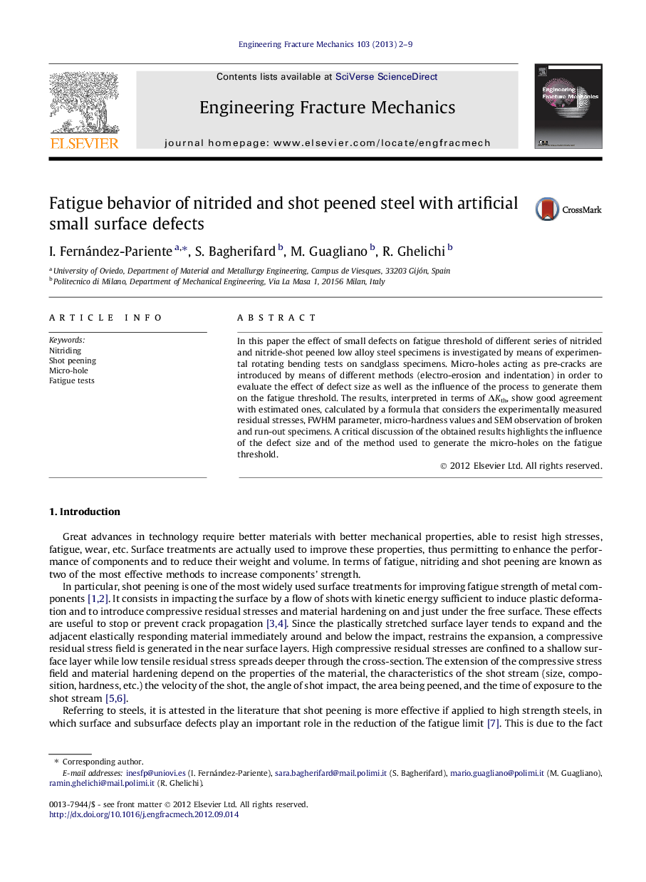 Fatigue behavior of nitrided and shot peened steel with artificial small surface defects