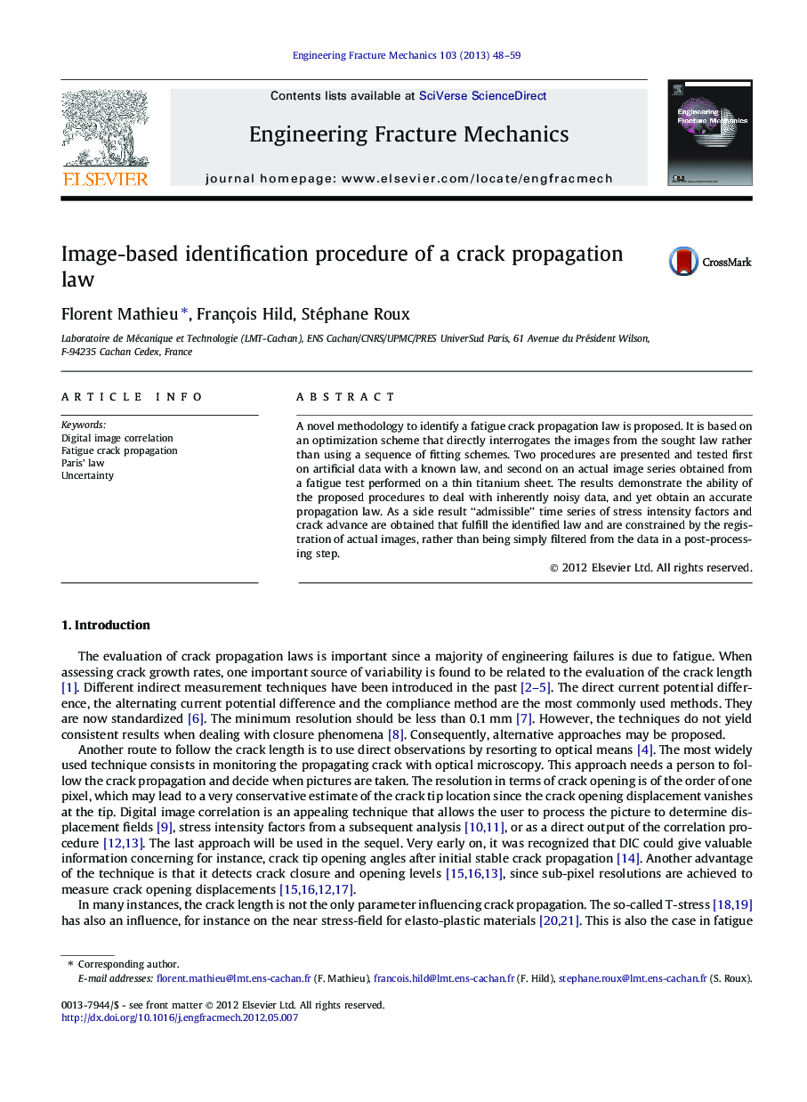 Image-based identification procedure of a crack propagation law