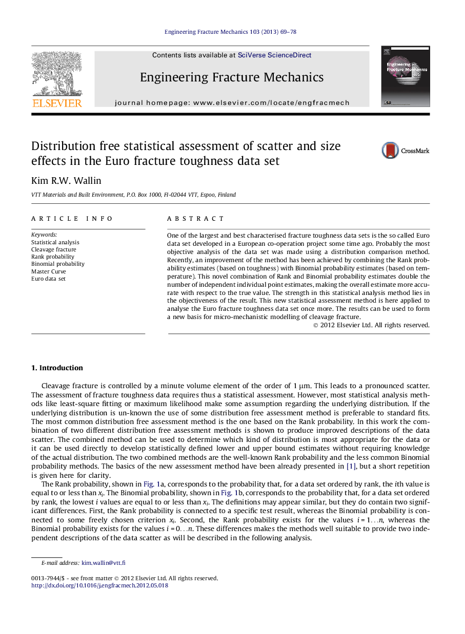 Distribution free statistical assessment of scatter and size effects in the Euro fracture toughness data set