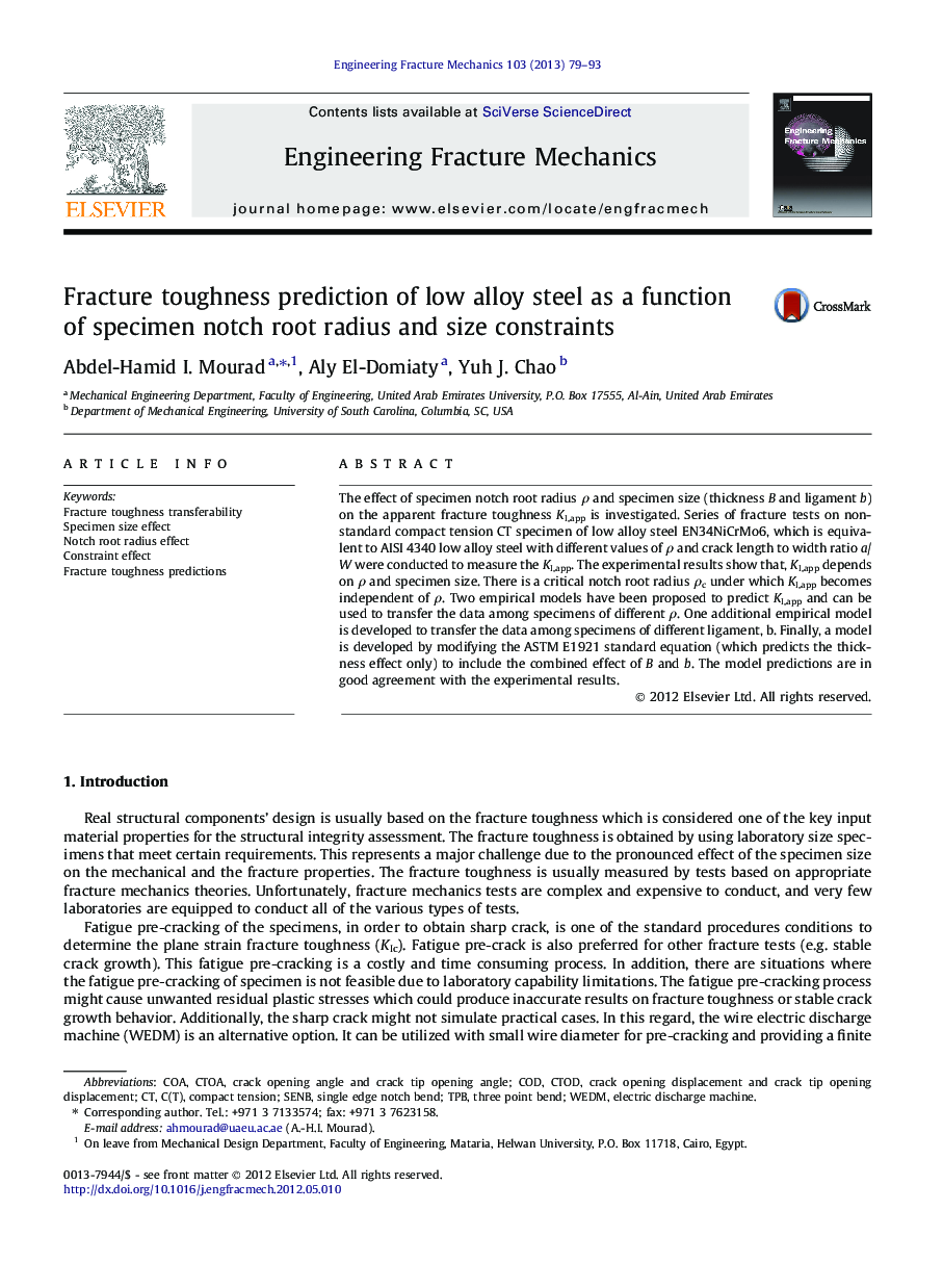 Fracture toughness prediction of low alloy steel as a function of specimen notch root radius and size constraints