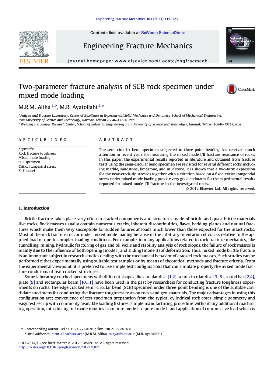 Two-parameter fracture analysis of SCB rock specimen under mixed mode loading