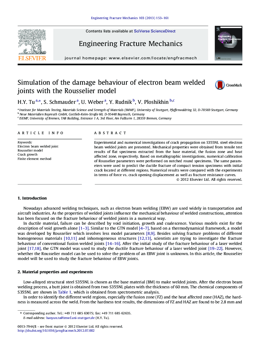 Simulation of the damage behaviour of electron beam welded joints with the Rousselier model