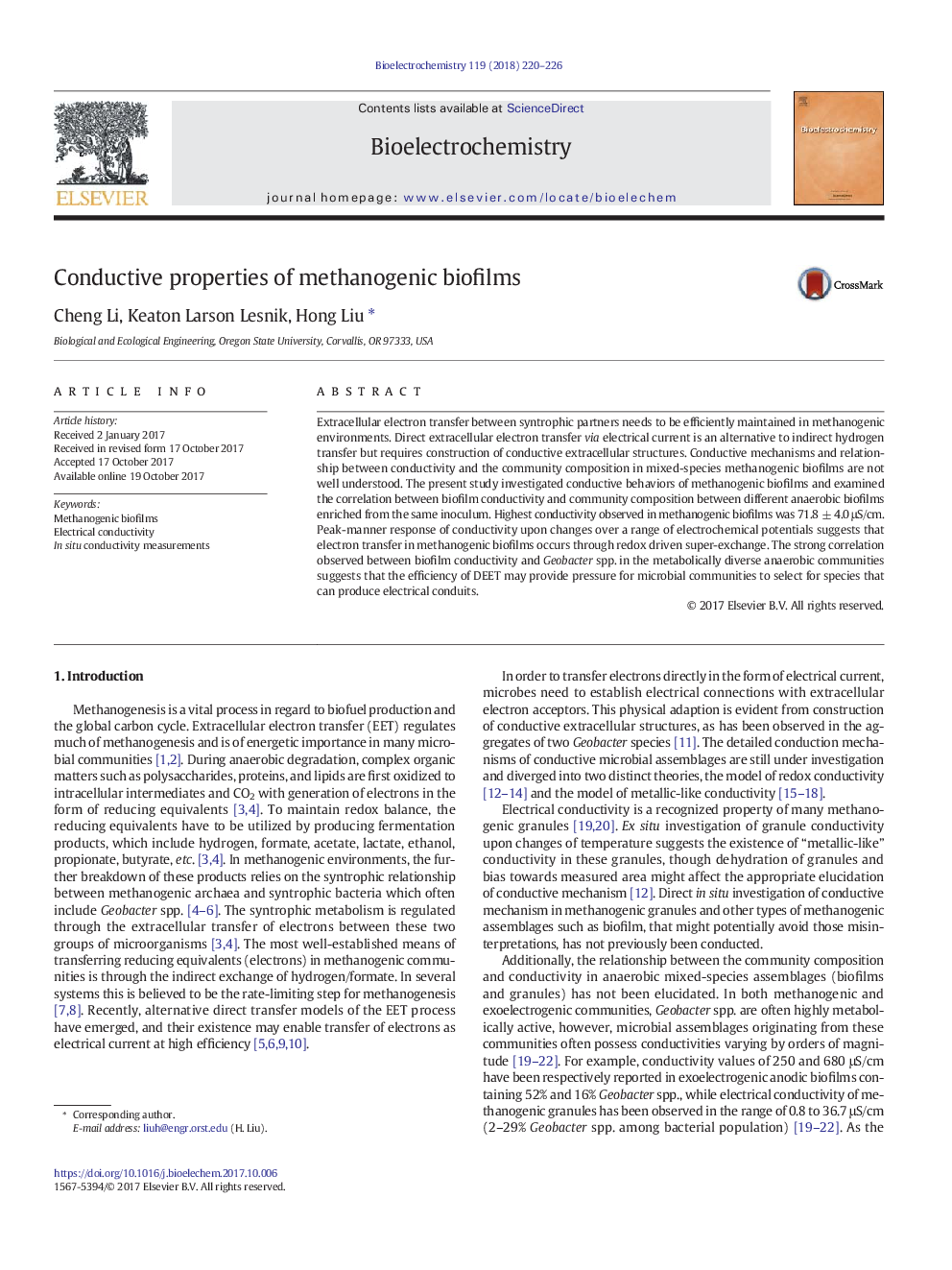 Conductive properties of methanogenic biofilms