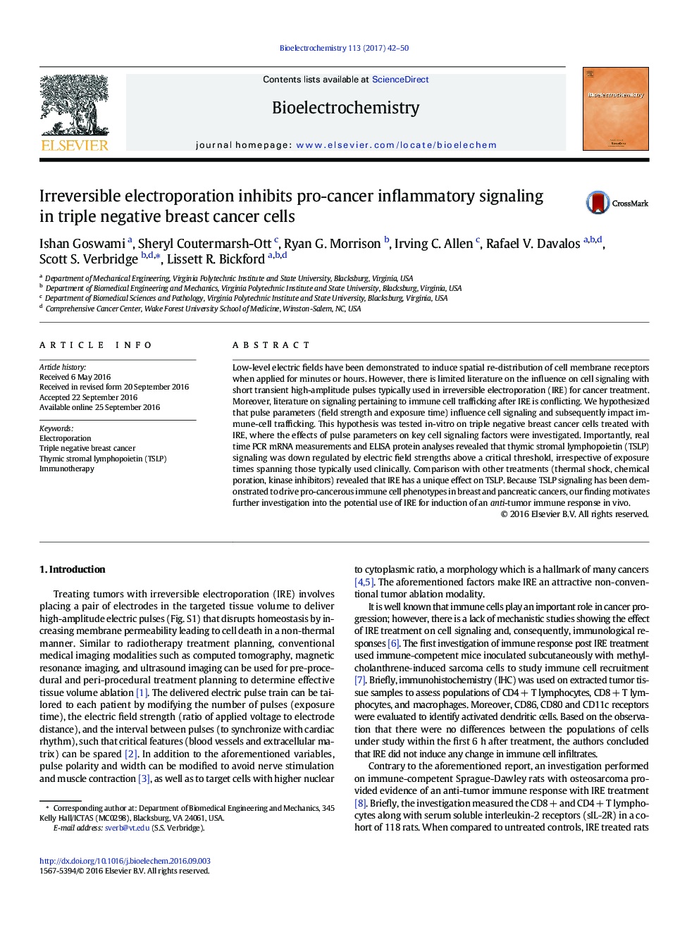 Irreversible electroporation inhibits pro-cancer inflammatory signaling in triple negative breast cancer cells