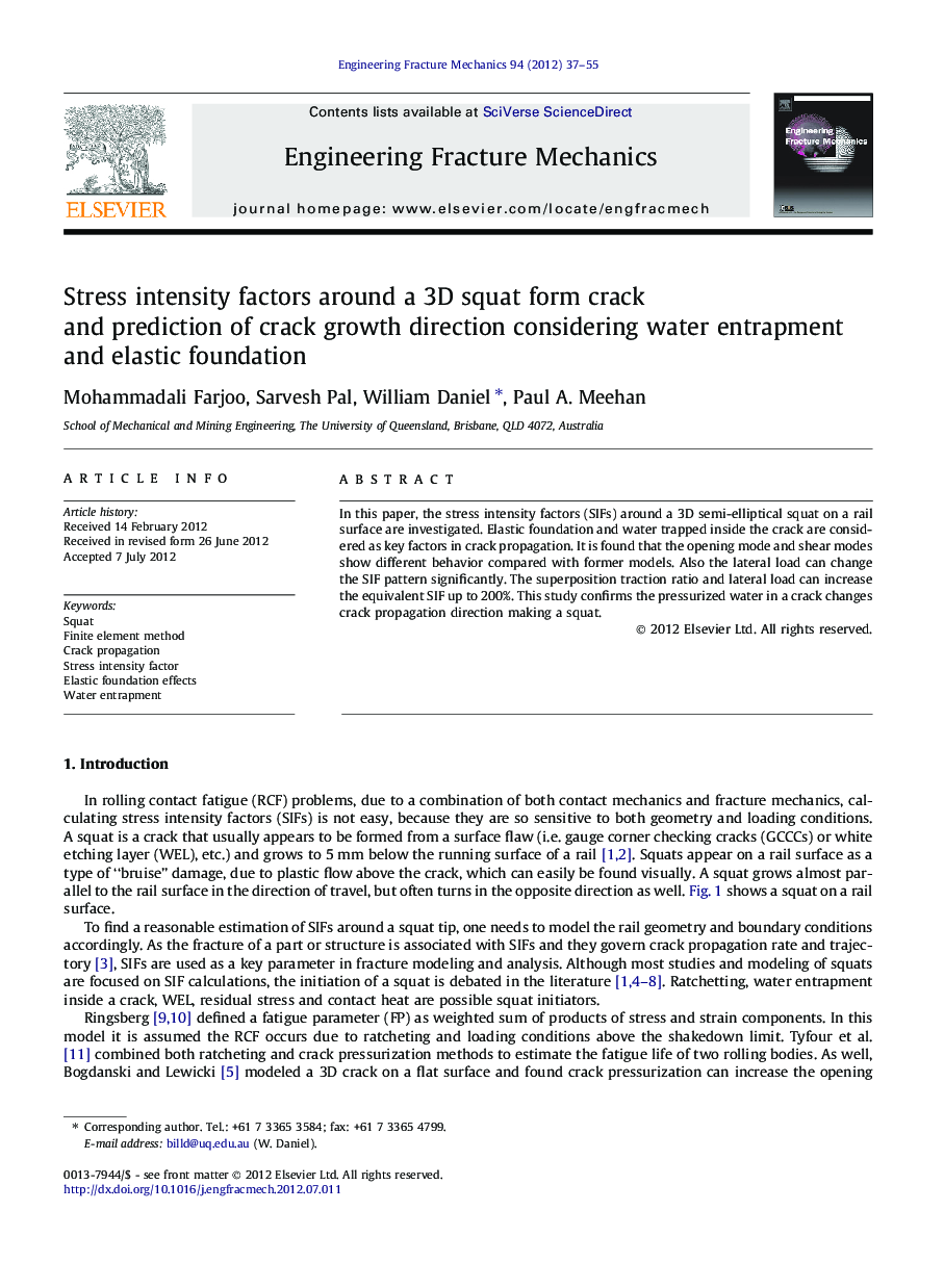 Stress intensity factors around a 3D squat form crack and prediction of crack growth direction considering water entrapment and elastic foundation