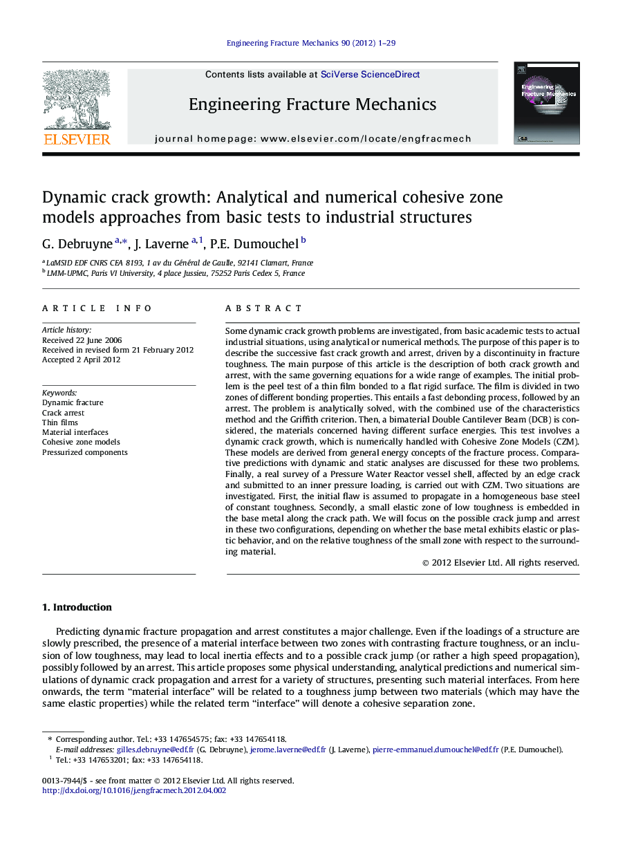 Dynamic crack growth: Analytical and numerical cohesive zone models approaches from basic tests to industrial structures