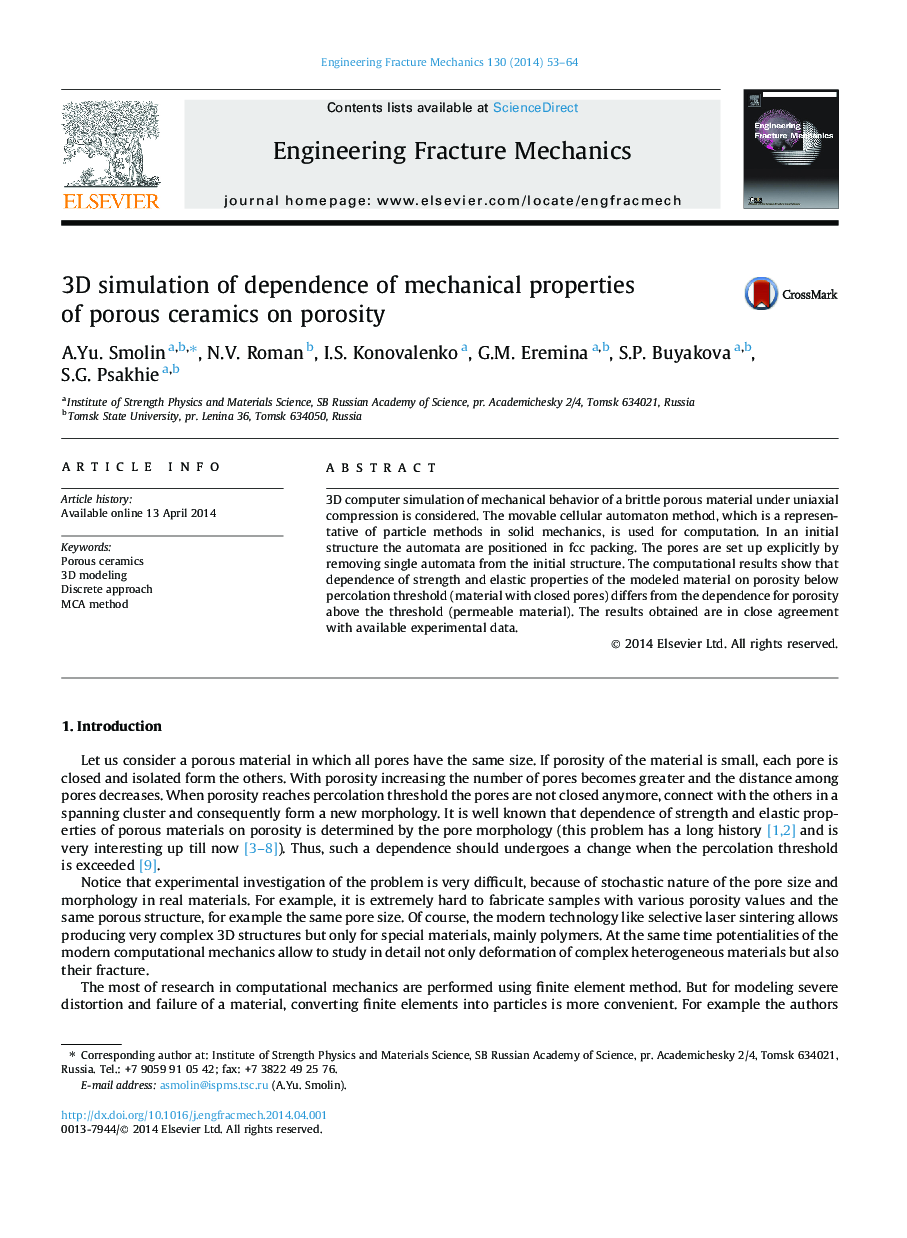 3D simulation of dependence of mechanical properties of porous ceramics on porosity