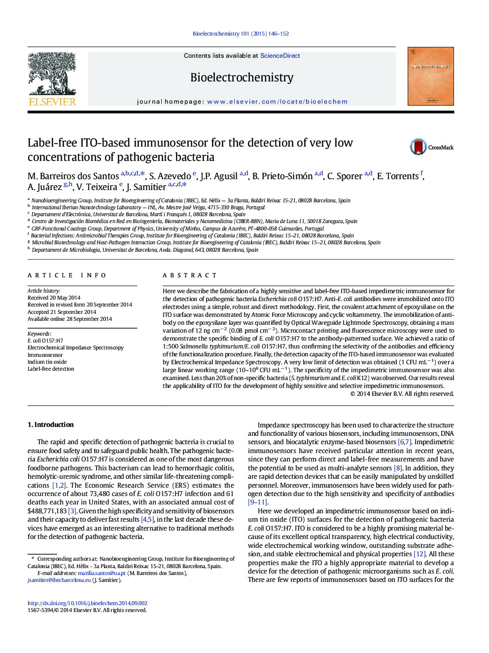 Label-free ITO-based immunosensor for the detection of very low concentrations of pathogenic bacteria