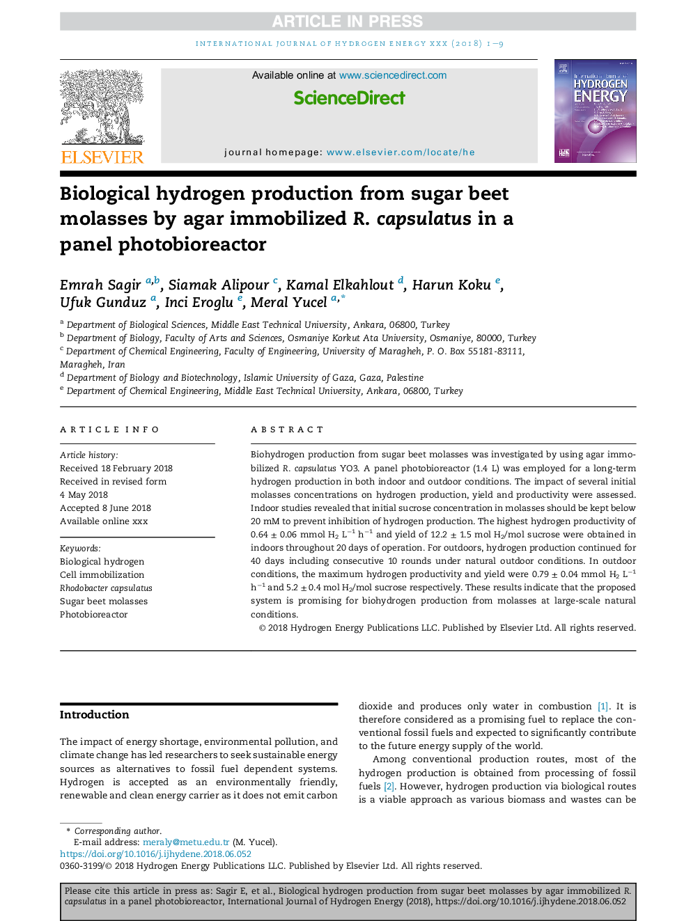 Biological hydrogen production from sugar beet molasses by agar immobilized R. capsulatus in a panel photobioreactor