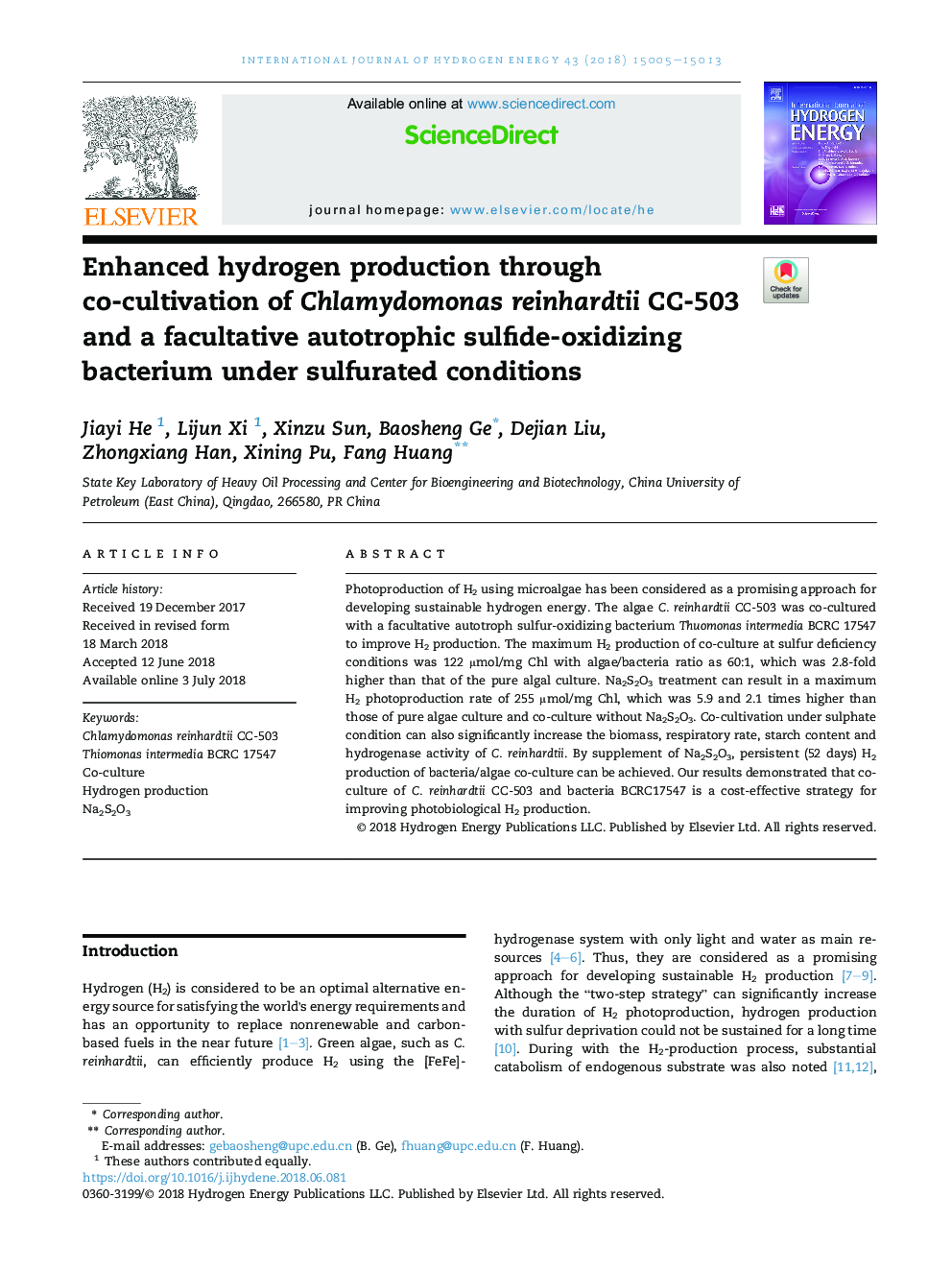 Enhanced hydrogen production through co-cultivation of Chlamydomonas reinhardtii CC-503 and a facultative autotrophic sulfide-oxidizing bacterium under sulfurated conditions