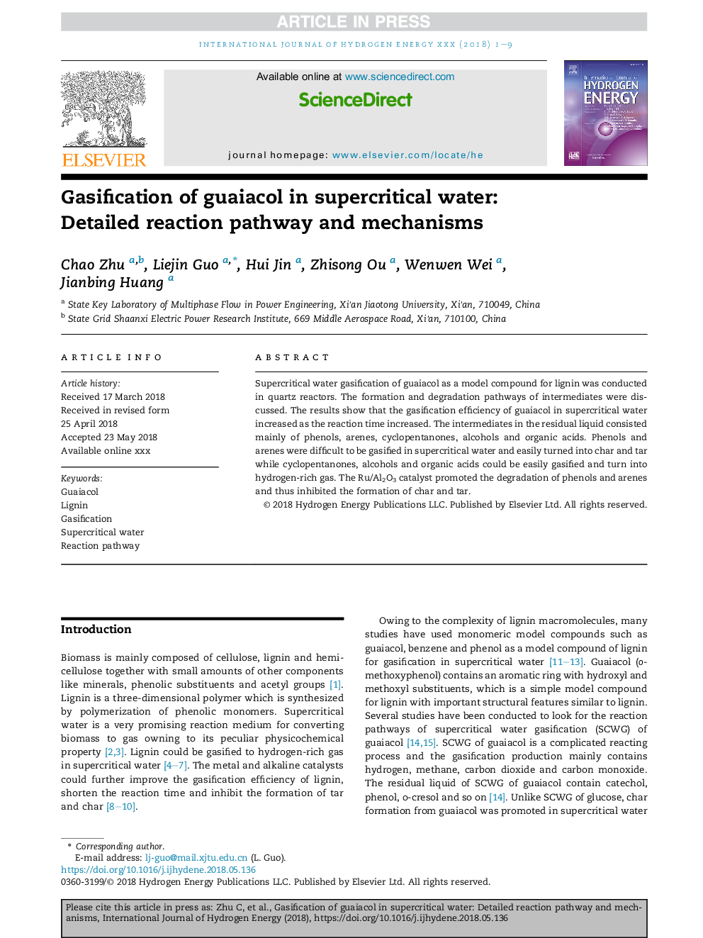 Gasification of guaiacol in supercritical water: Detailed reaction pathway and mechanisms