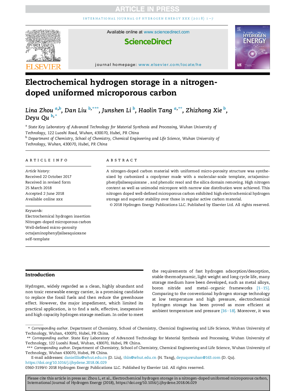 Electrochemical hydrogen storage in a nitrogen-doped uniformed microporous carbon