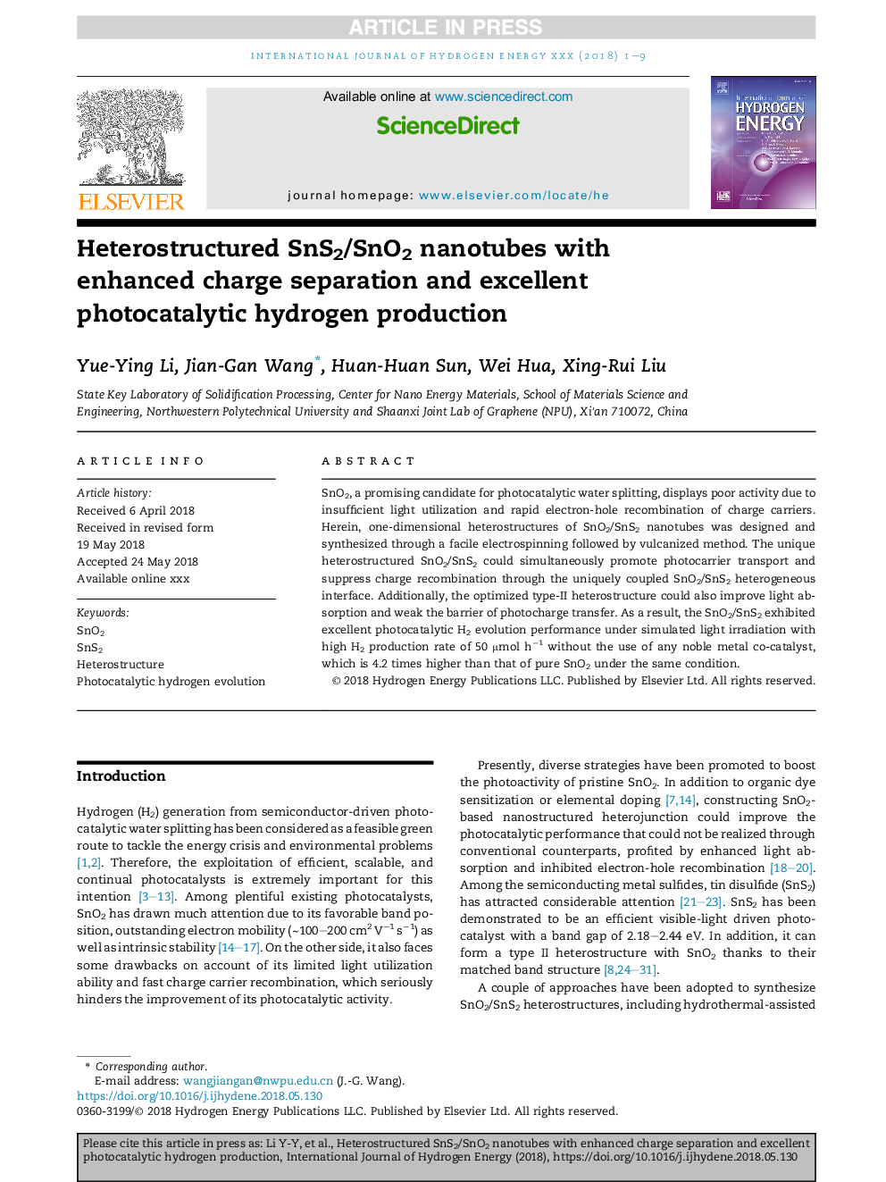 Heterostructured SnS2/SnO2 nanotubes with enhanced charge separation and excellent photocatalytic hydrogen production