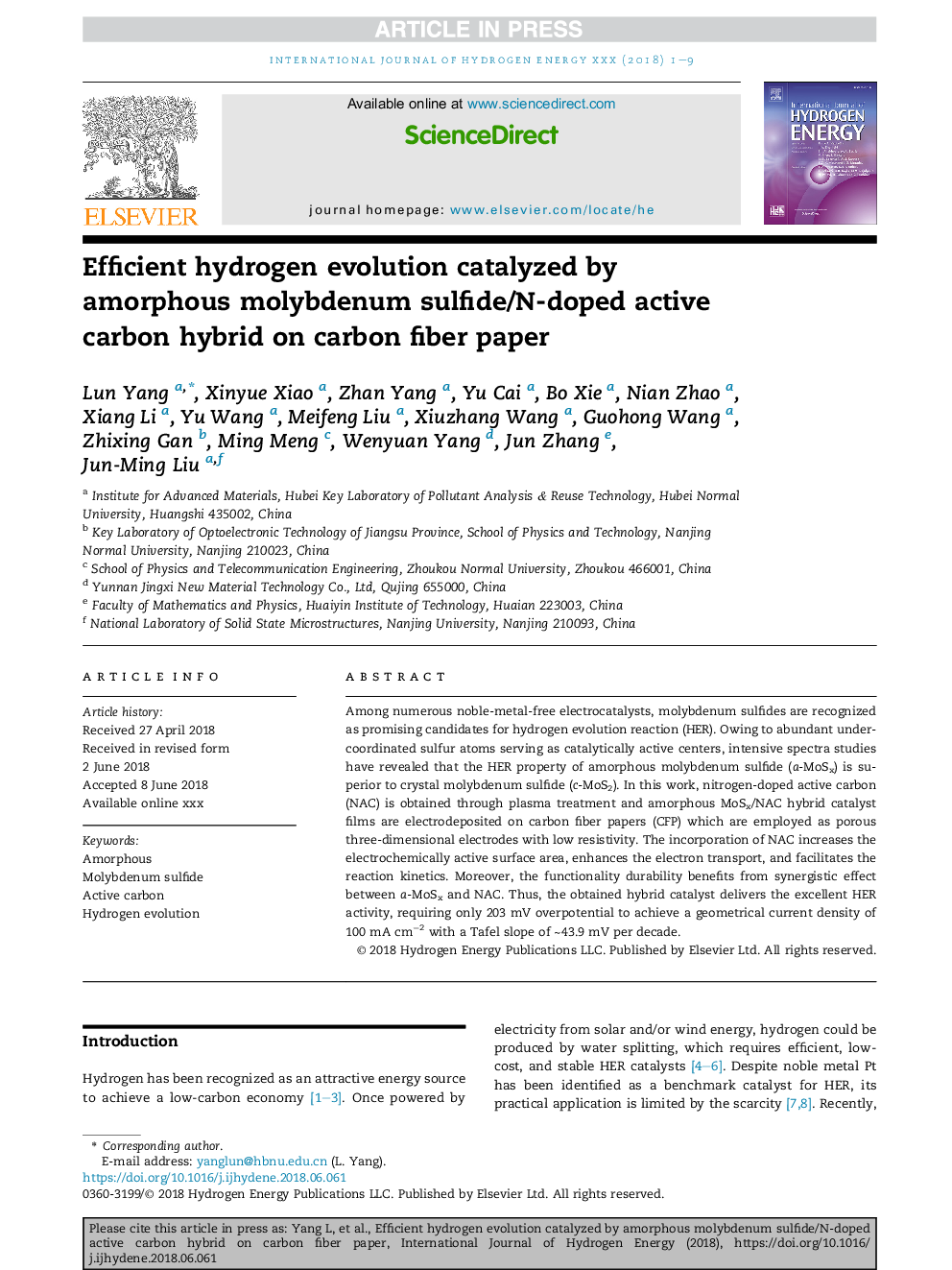 Efficient hydrogen evolution catalyzed by amorphous molybdenum sulfide/N-doped active carbon hybrid on carbon fiber paper