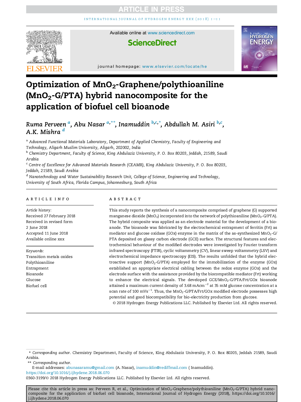 Optimization of MnO2-Graphene/polythioaniline (MnO2-G/PTA) hybrid nanocomposite for the application of biofuel cell bioanode