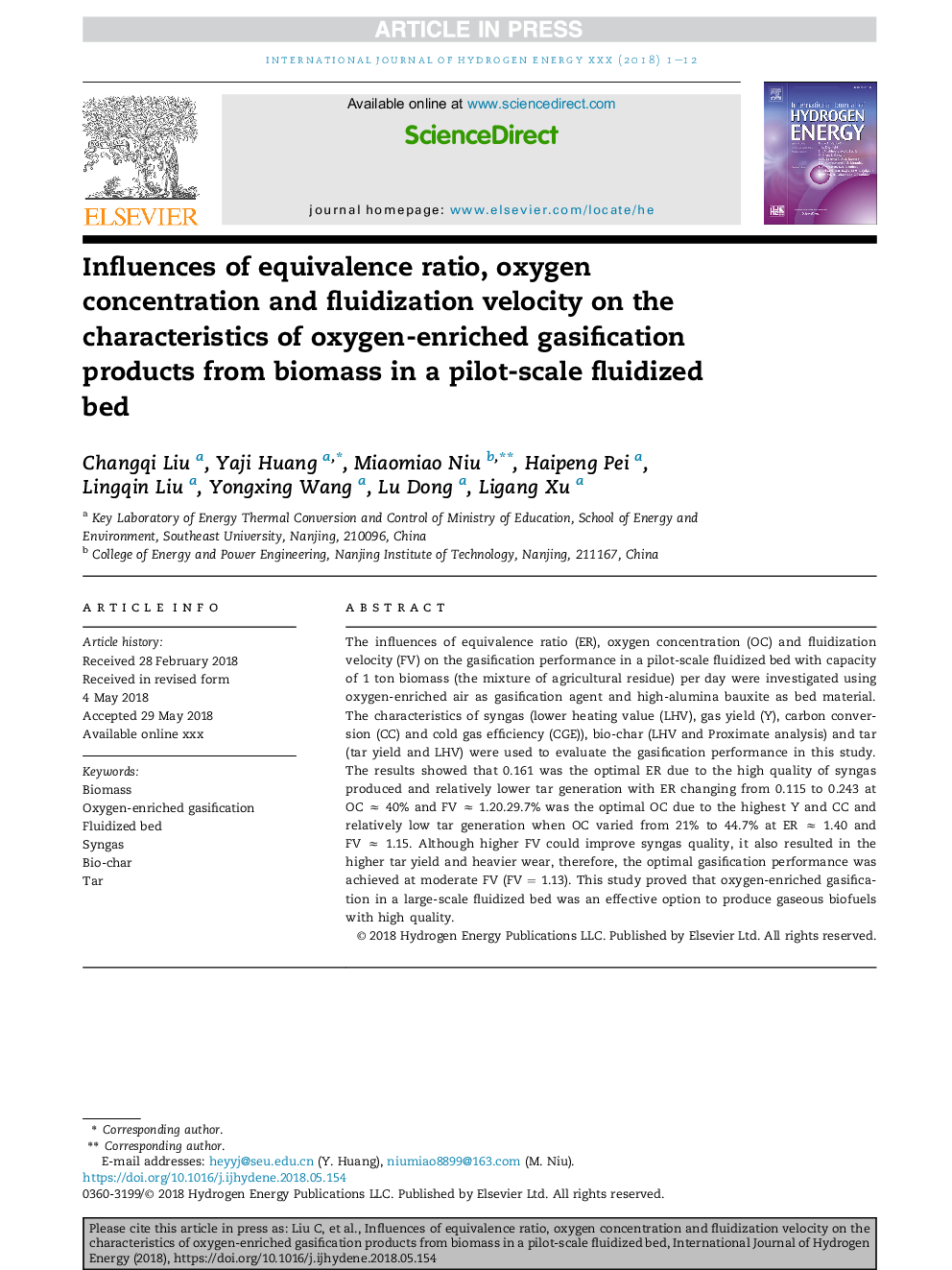 Influences of equivalence ratio, oxygen concentration and fluidization velocity on the characteristics of oxygen-enriched gasification products from biomass in a pilot-scale fluidized bed