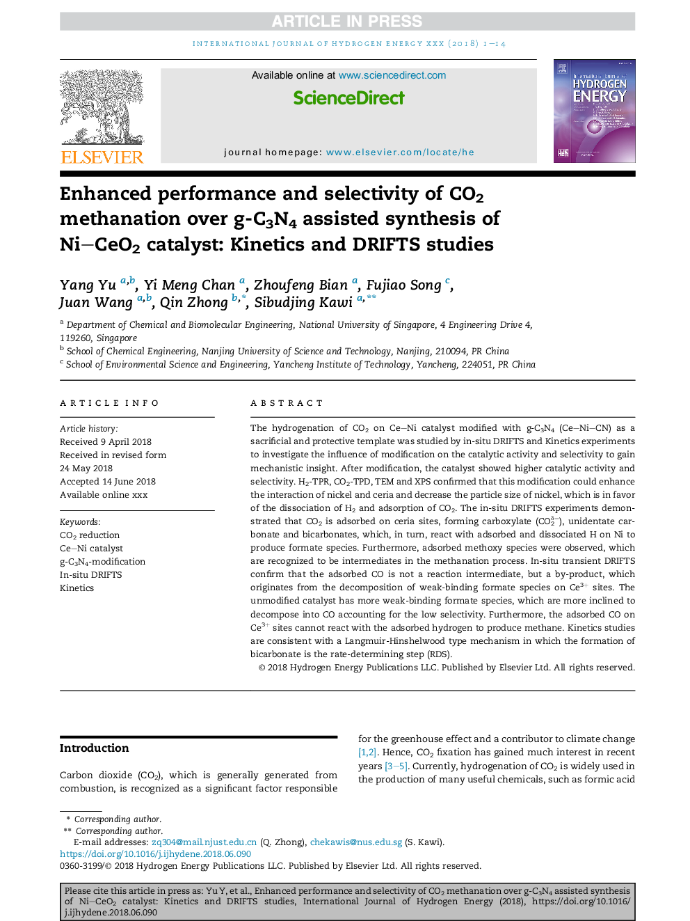 Enhanced performance and selectivity of CO2 methanation over g-C3N4 assisted synthesis of NiCeO2 catalyst: Kinetics and DRIFTS studies