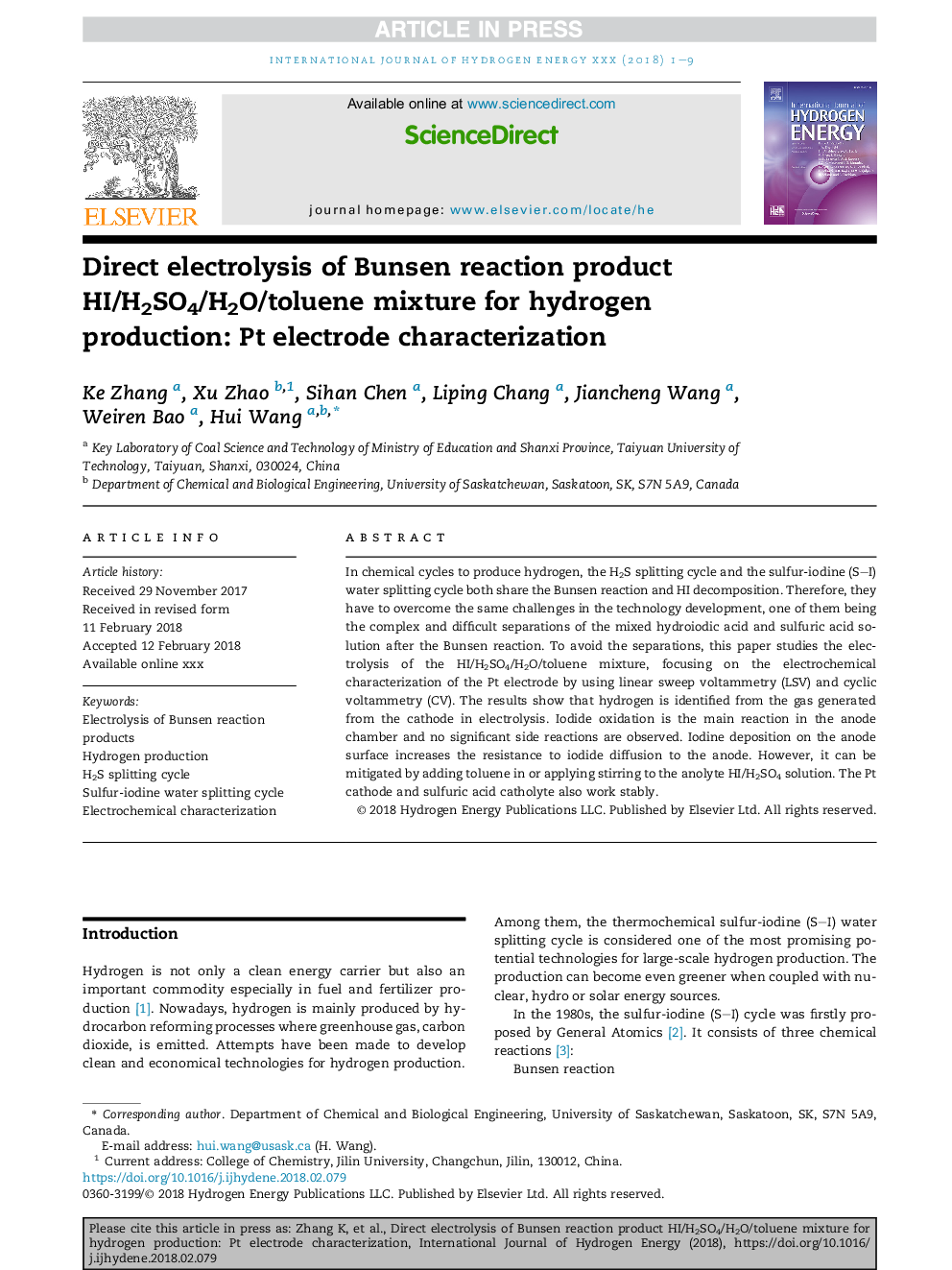 Direct electrolysis of Bunsen reaction product HI/H2SO4/H2O/toluene mixture for hydrogen production: Pt electrode characterization