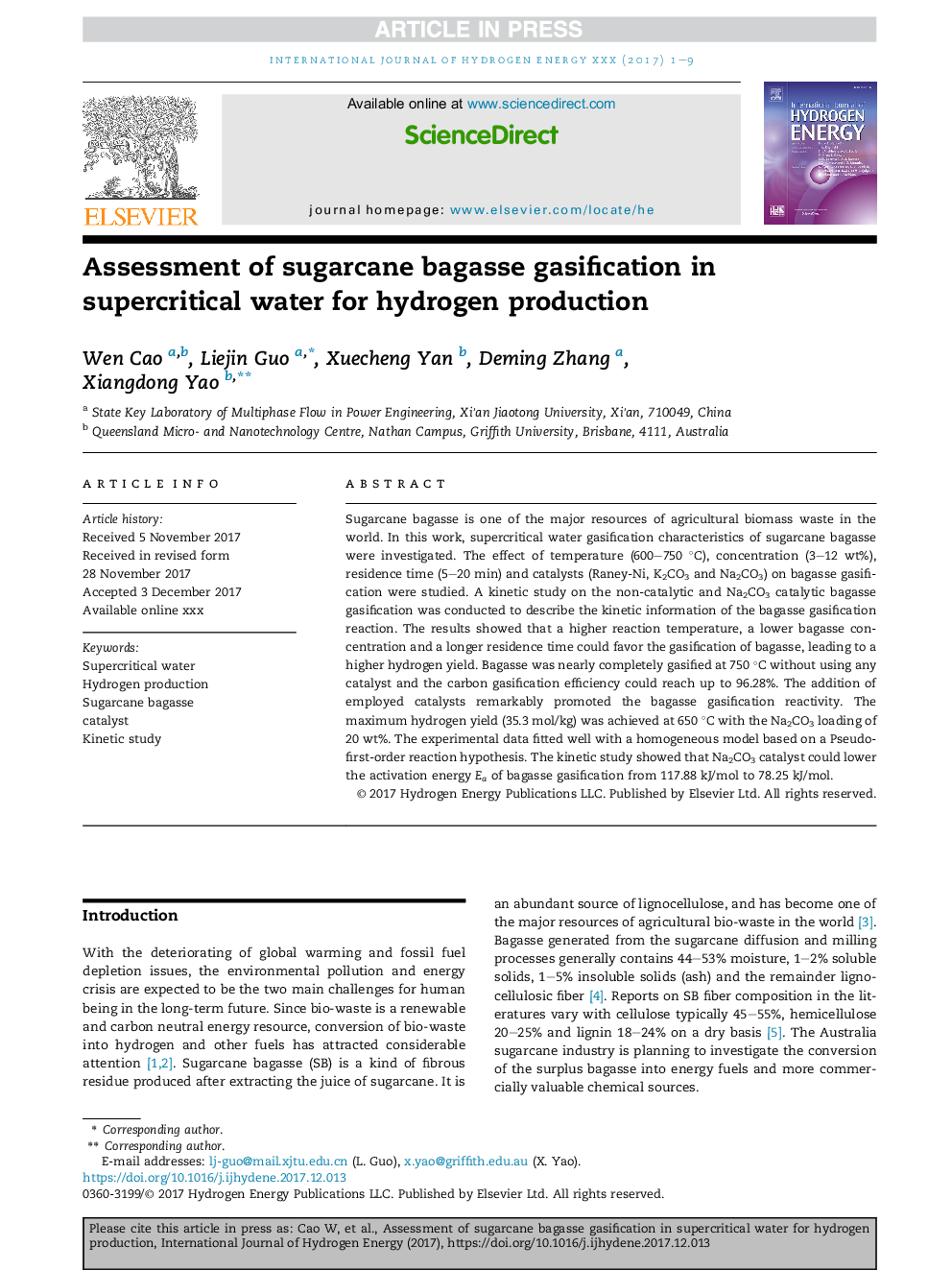 Assessment of sugarcane bagasse gasification in supercritical water for hydrogen production