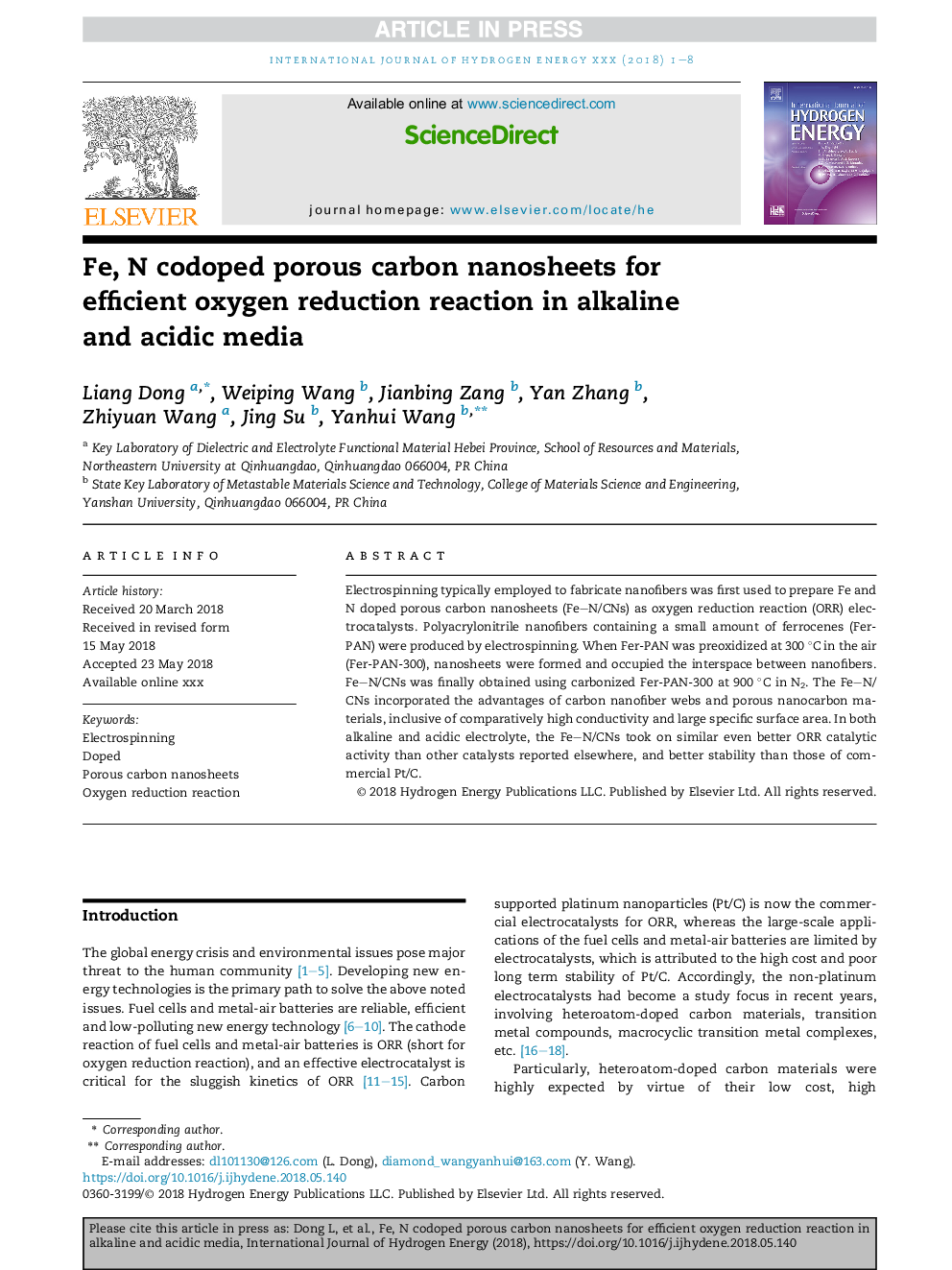 Fe, N codoped porous carbon nanosheets for efficient oxygen reduction reaction in alkaline andÂ acidic media