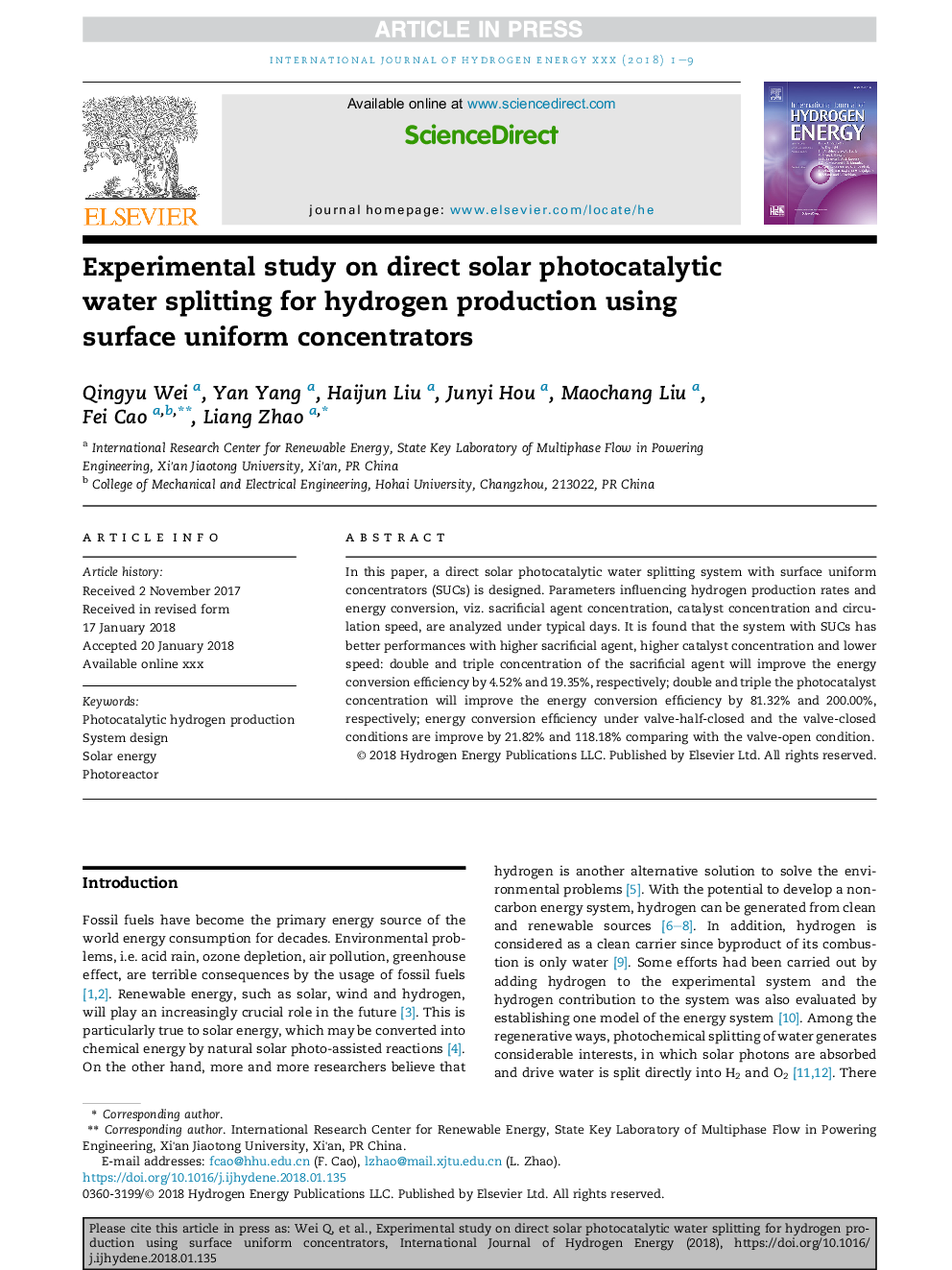 Experimental study on direct solar photocatalytic water splitting for hydrogen production using surface uniform concentrators