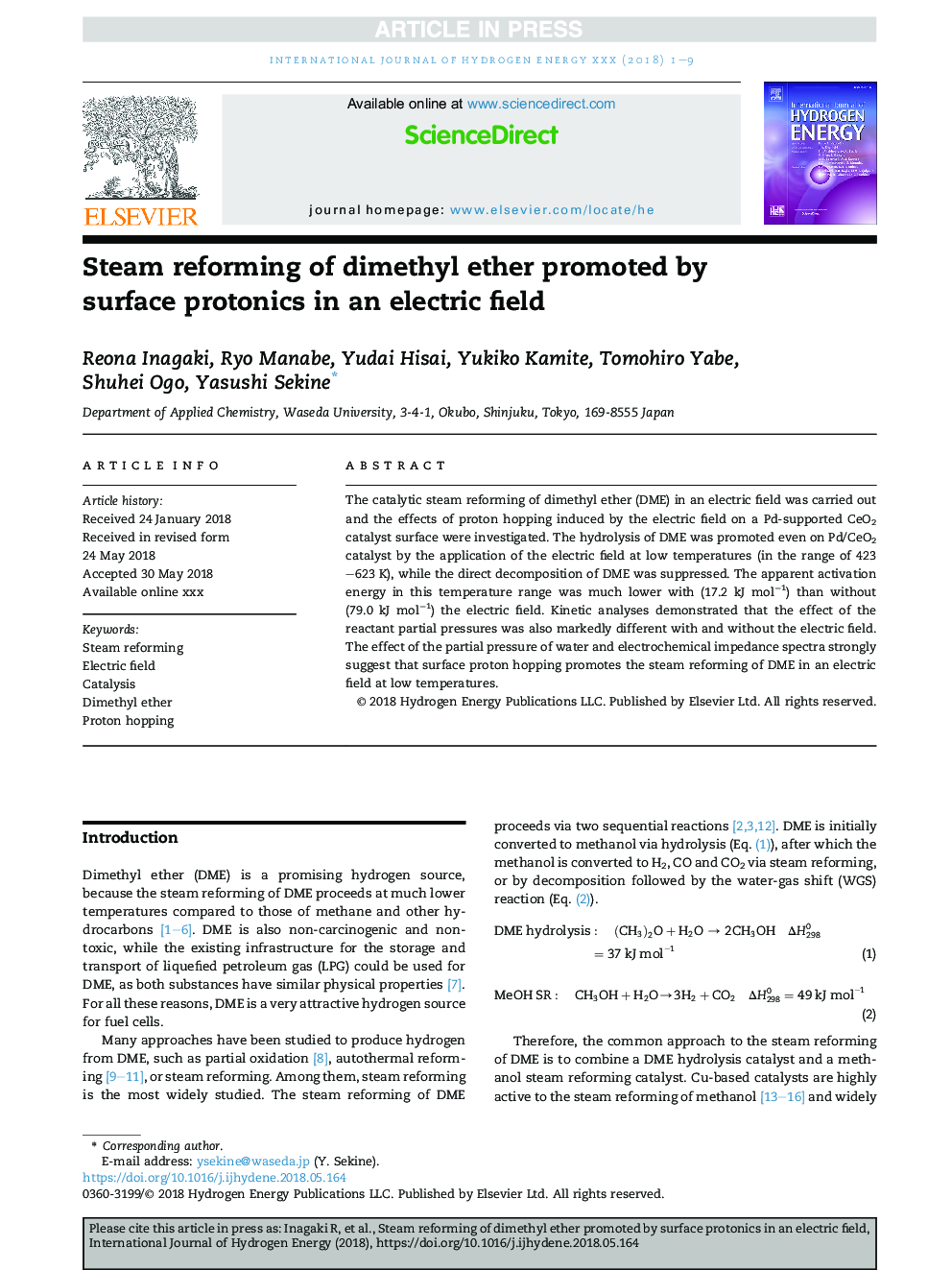 Steam reforming of dimethyl ether promoted by surface protonics in an electric field