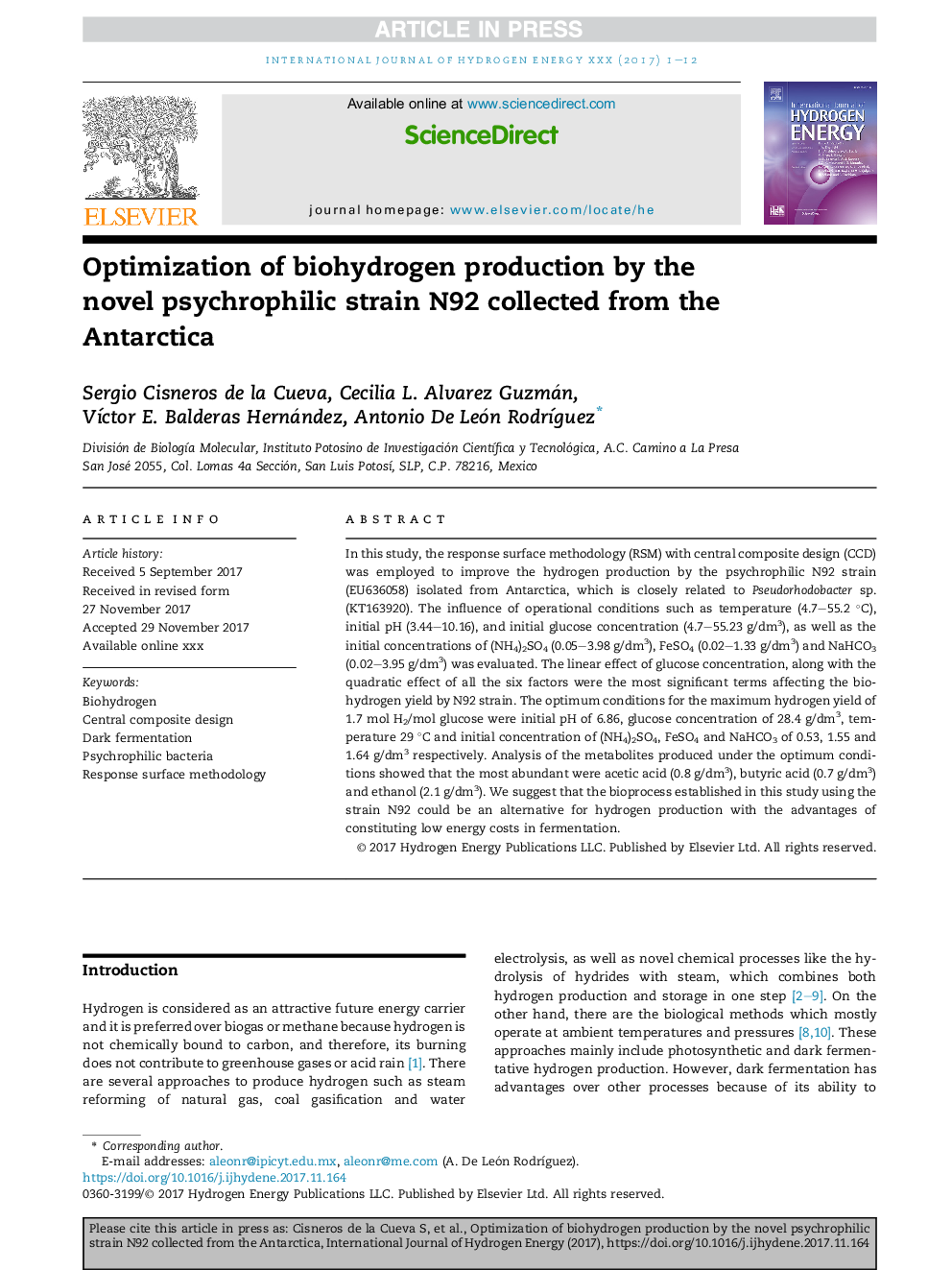 Optimization of biohydrogen production by the novel psychrophilic strain N92 collected from the Antarctica