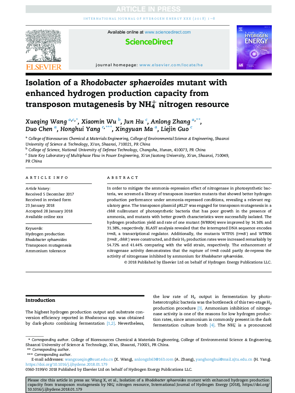 Isolation of a Rhodobacter sphaeroides mutant with enhanced hydrogen production capacity from transposon mutagenesis by NH4+ nitrogen resource