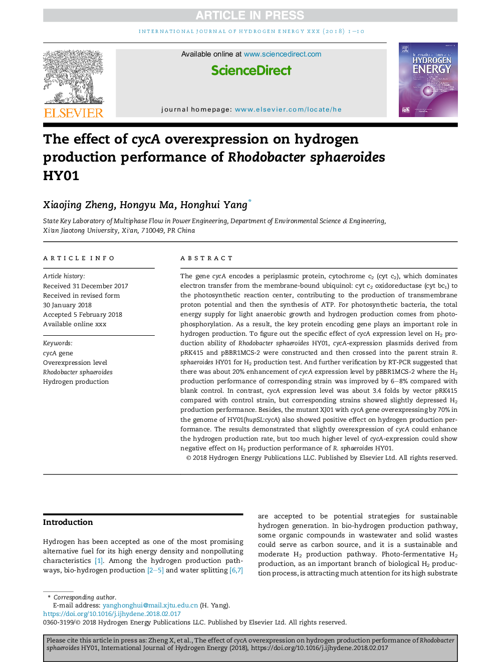 The effect of cycA overexpression on hydrogen production performance of Rhodobacter sphaeroides HY01