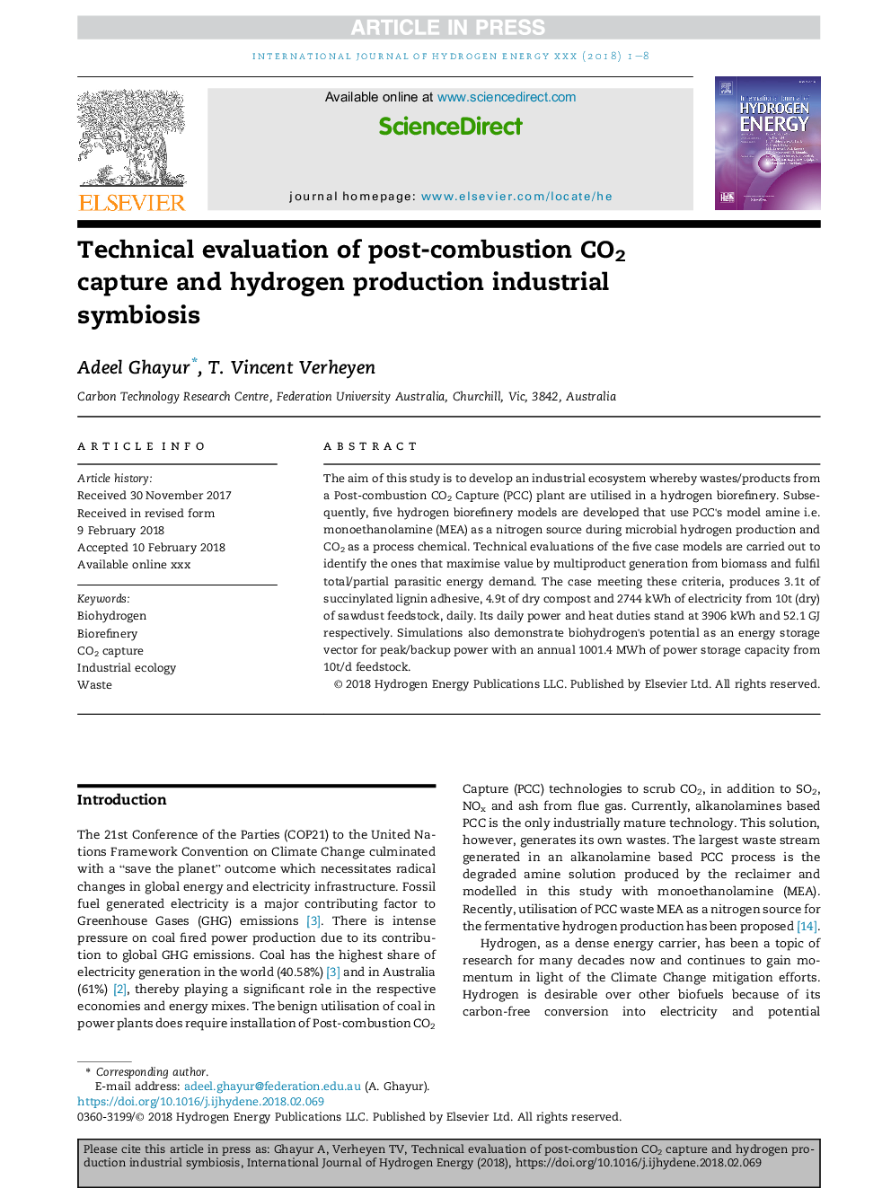 Technical evaluation of post-combustion CO2 capture and hydrogen production industrial symbiosis