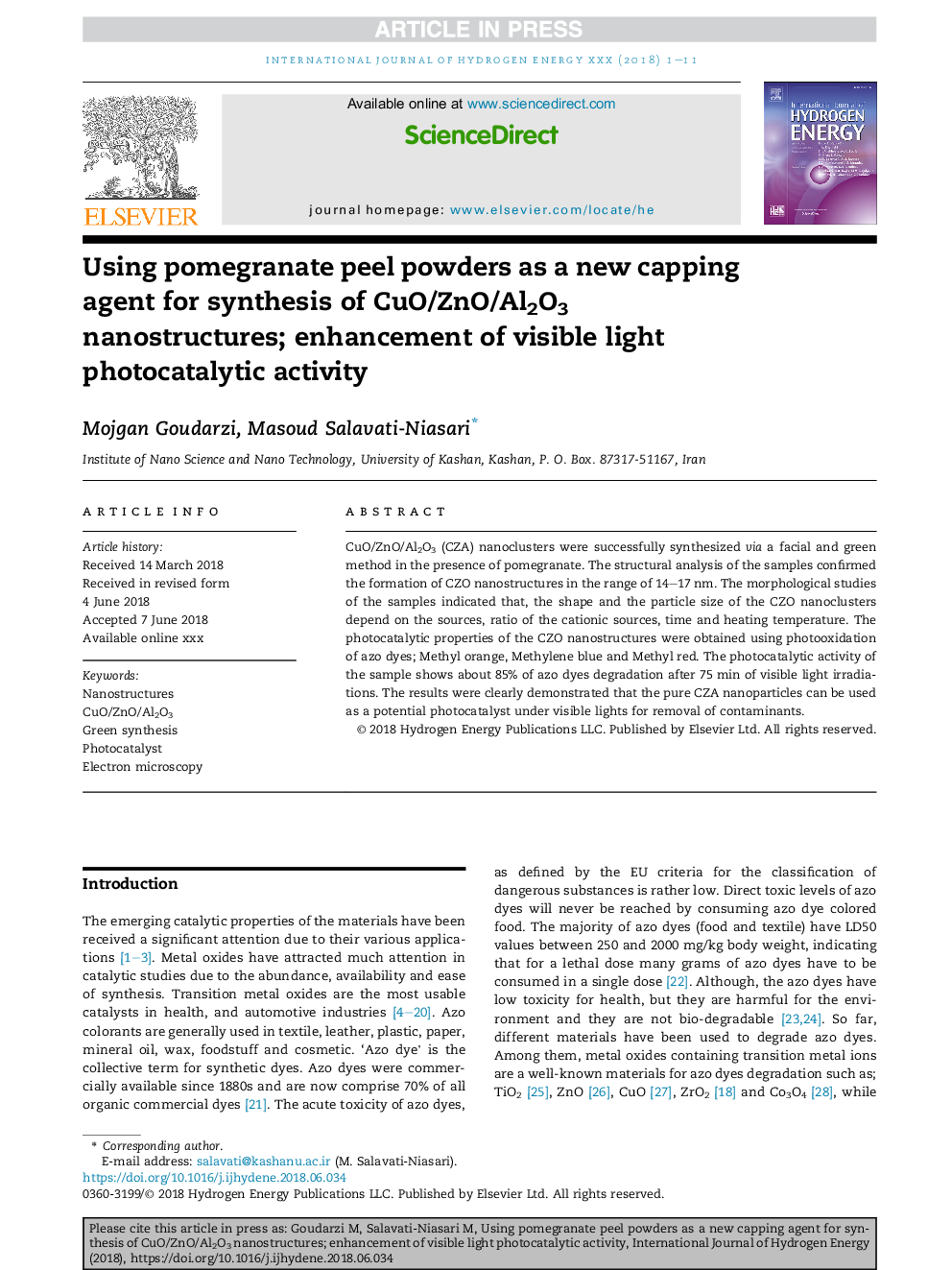 Using pomegranate peel powders as a new capping agent for synthesis of CuO/ZnO/Al2O3 nanostructures; enhancement of visible light photocatalytic activity