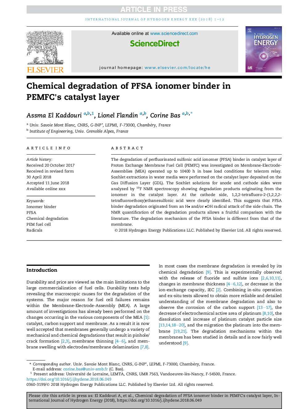 Chemical degradation of PFSA ionomer binder in PEMFC's catalyst layer